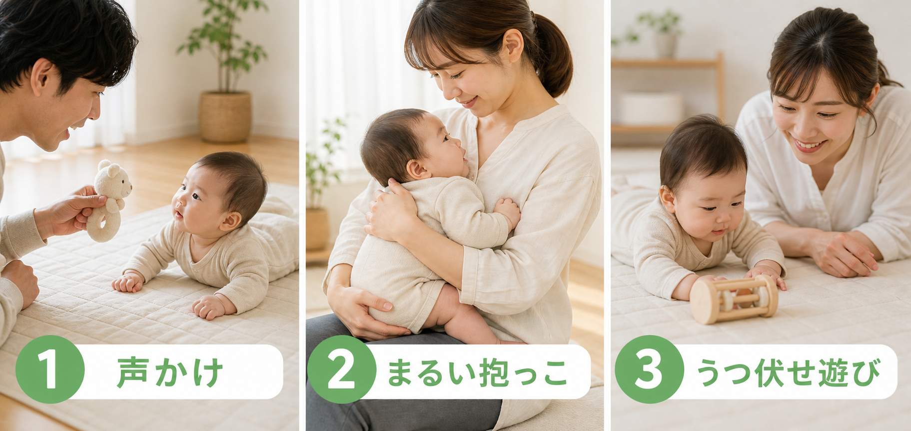 赤ちゃんの向きぐせや絶壁対策として家庭でできる声かけ・丸い抱っこ・うつ伏せ遊び