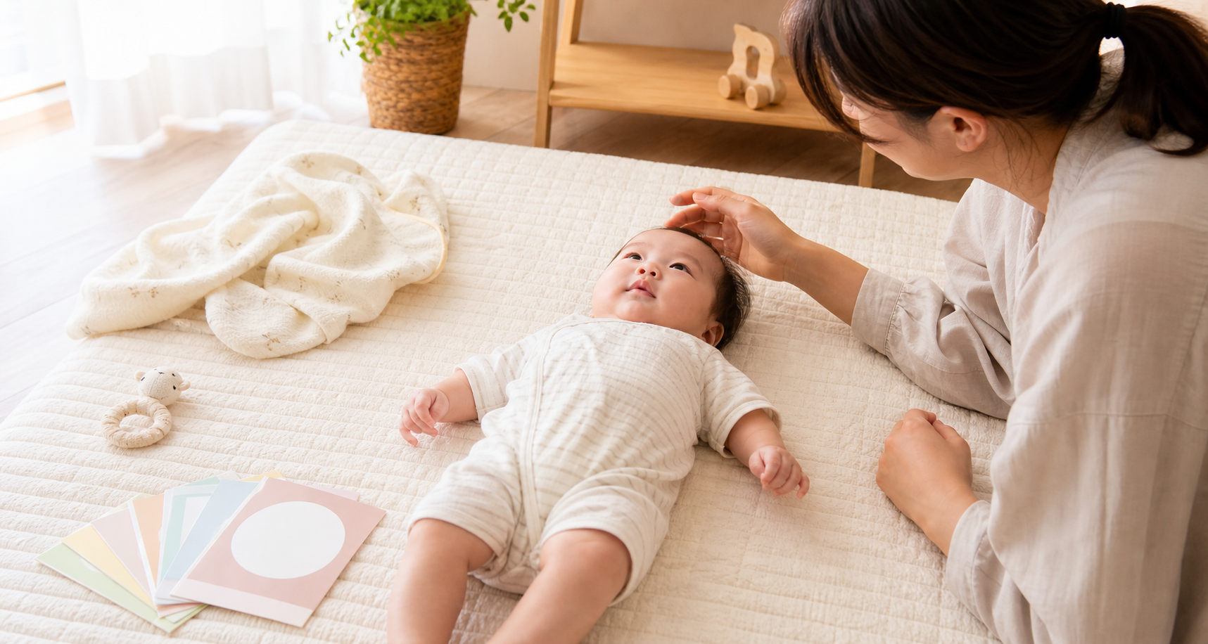赤ちゃんの頭の形を月齢ごとの成長に合わせてやさしく見守る家庭での様子