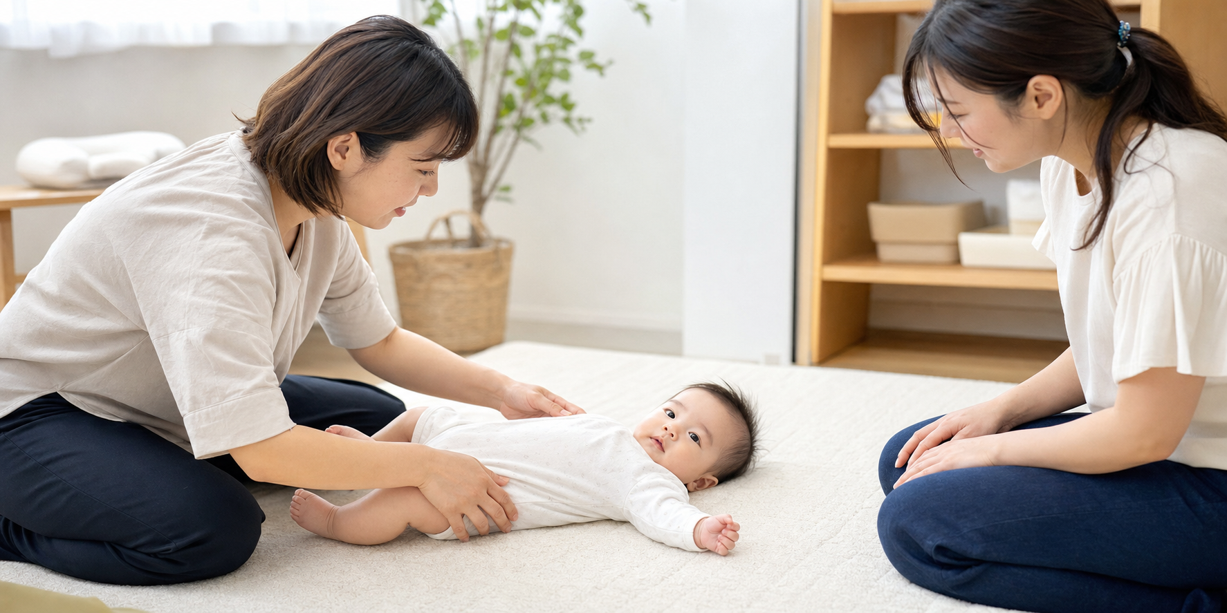 赤ちゃんの向きぐせに関係する首や背中や骨盤の動きをやさしく確認する様子