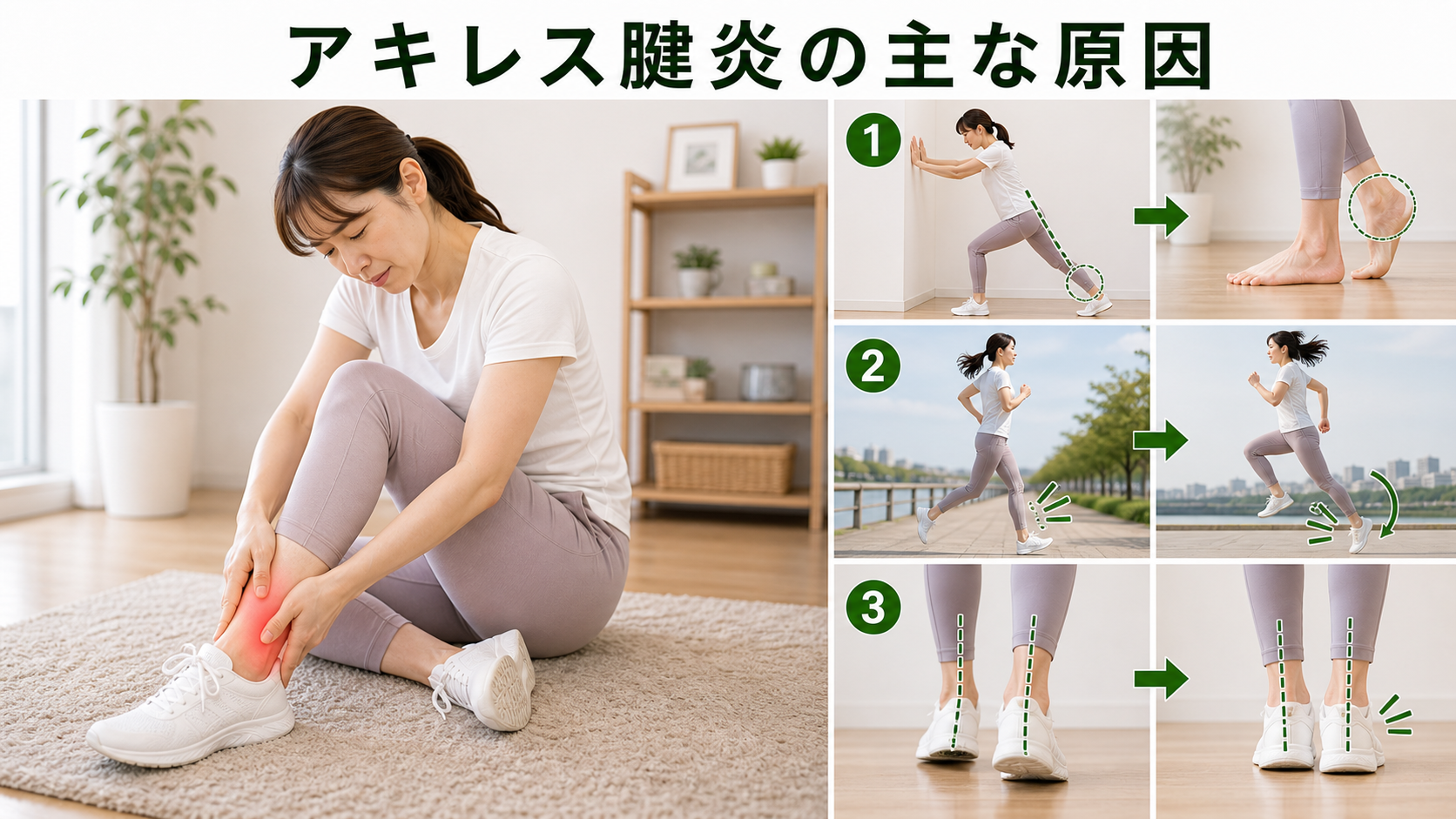 アキレス腱炎の主な原因を姿勢・関節・筋肉・生活動作のつながりから確認するイメージ画像
