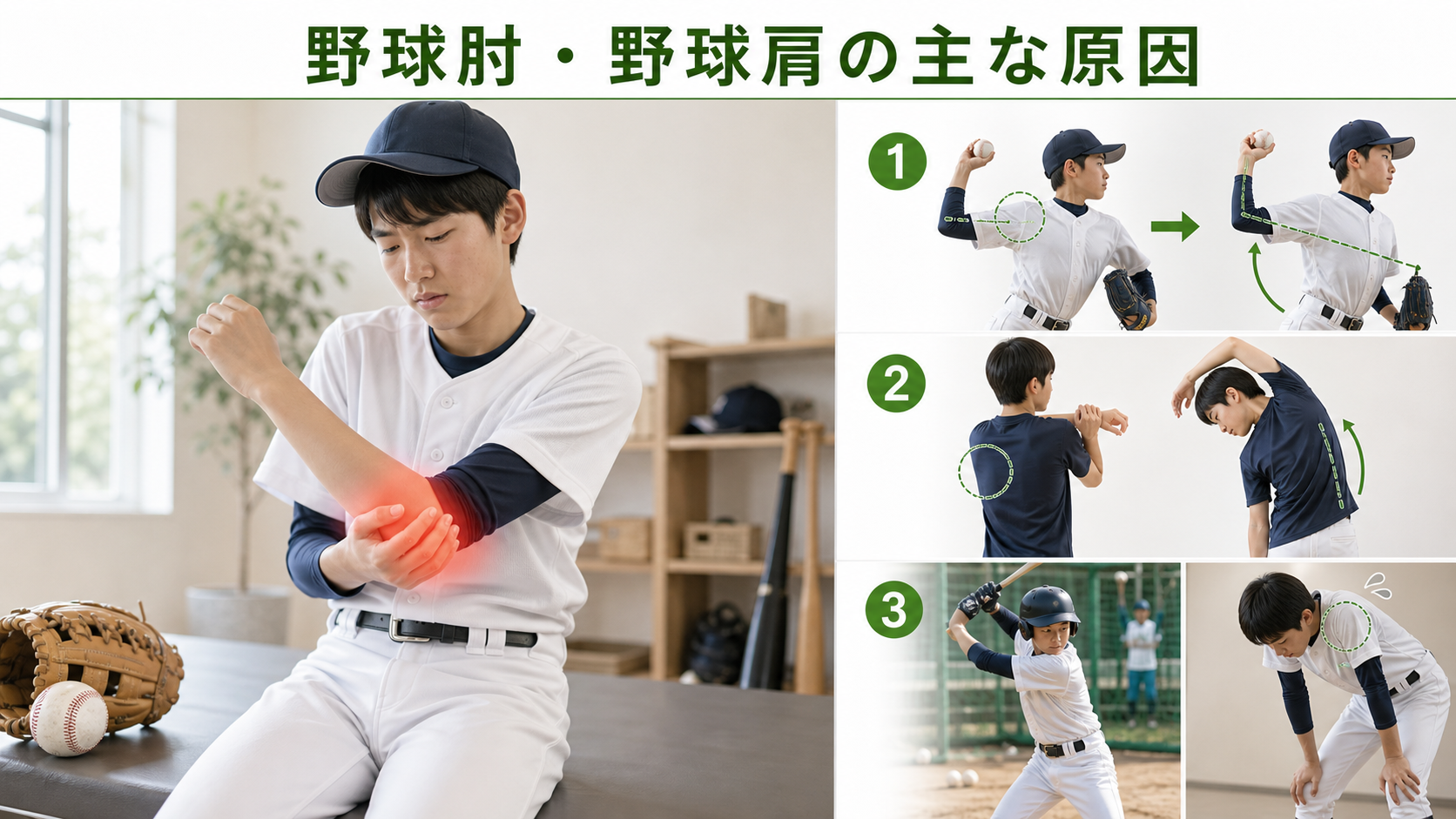 野球肘・野球肩の主な原因を姿勢・関節・筋肉・生活動作のつながりから確認するイメージ画像