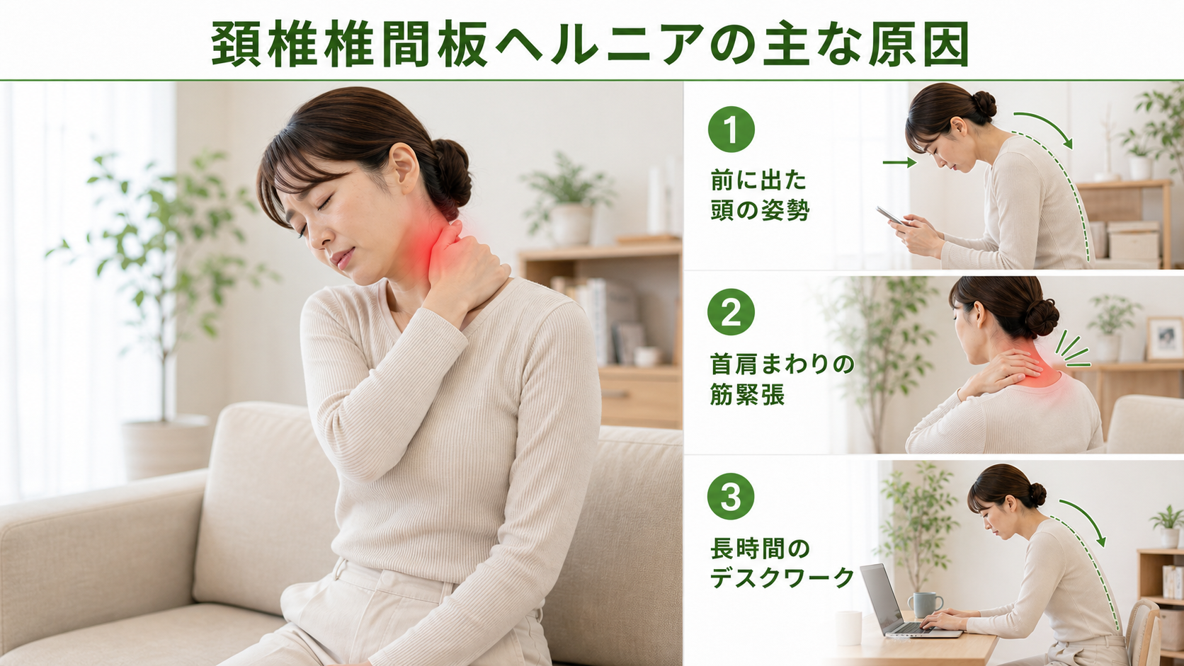 頚椎椎間板ヘルニアの主な原因を姿勢・関節・筋肉・生活動作のつながりから確認するイメージ画像