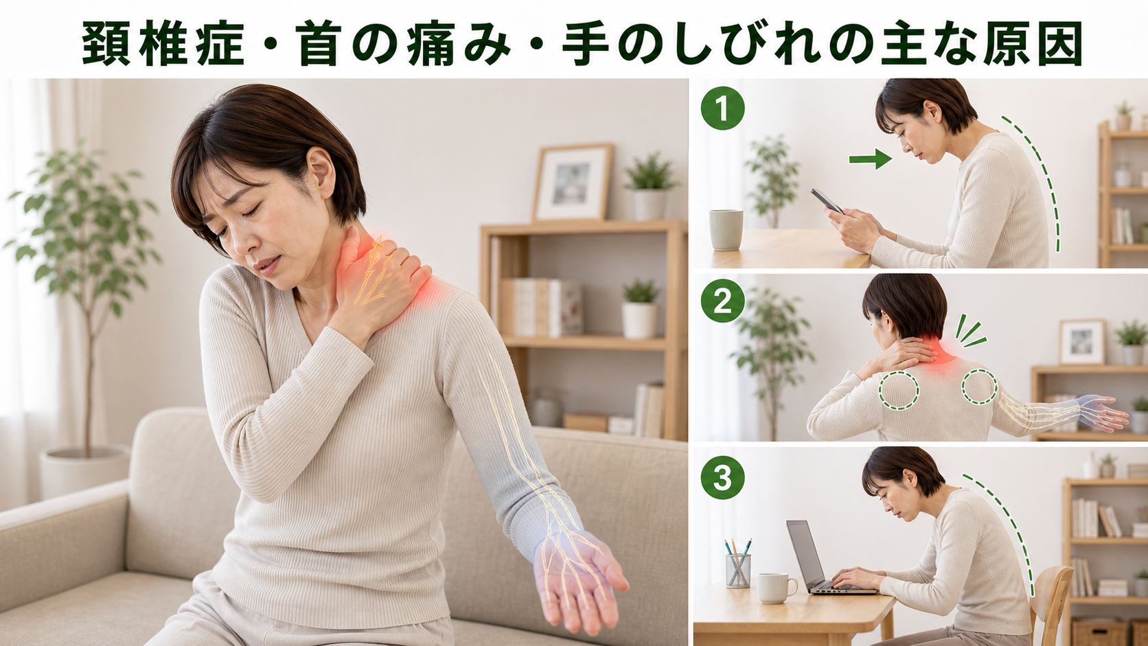 頚椎症・首の痛み・手のしびれの主な原因を姿勢・関節・筋肉・生活動作のつながりから確認するイメージ画像