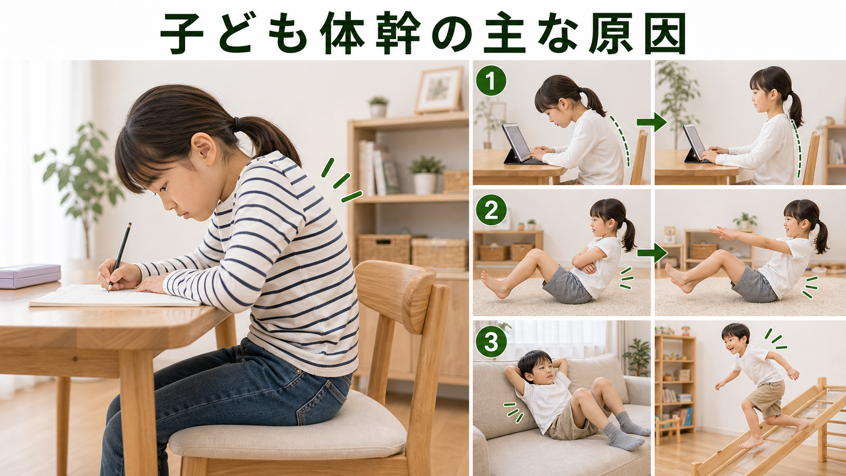 子ども体幹の主な原因を姿勢・関節・筋肉・生活動作のつながりから確認するイメージ画像