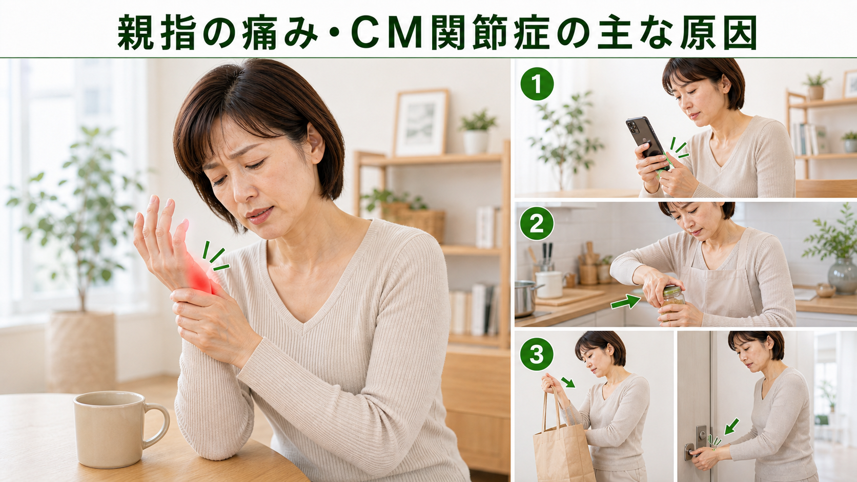 親指の痛み・CM関節症の主な原因を姿勢・関節・筋肉・生活動作のつながりから確認するイメージ画像