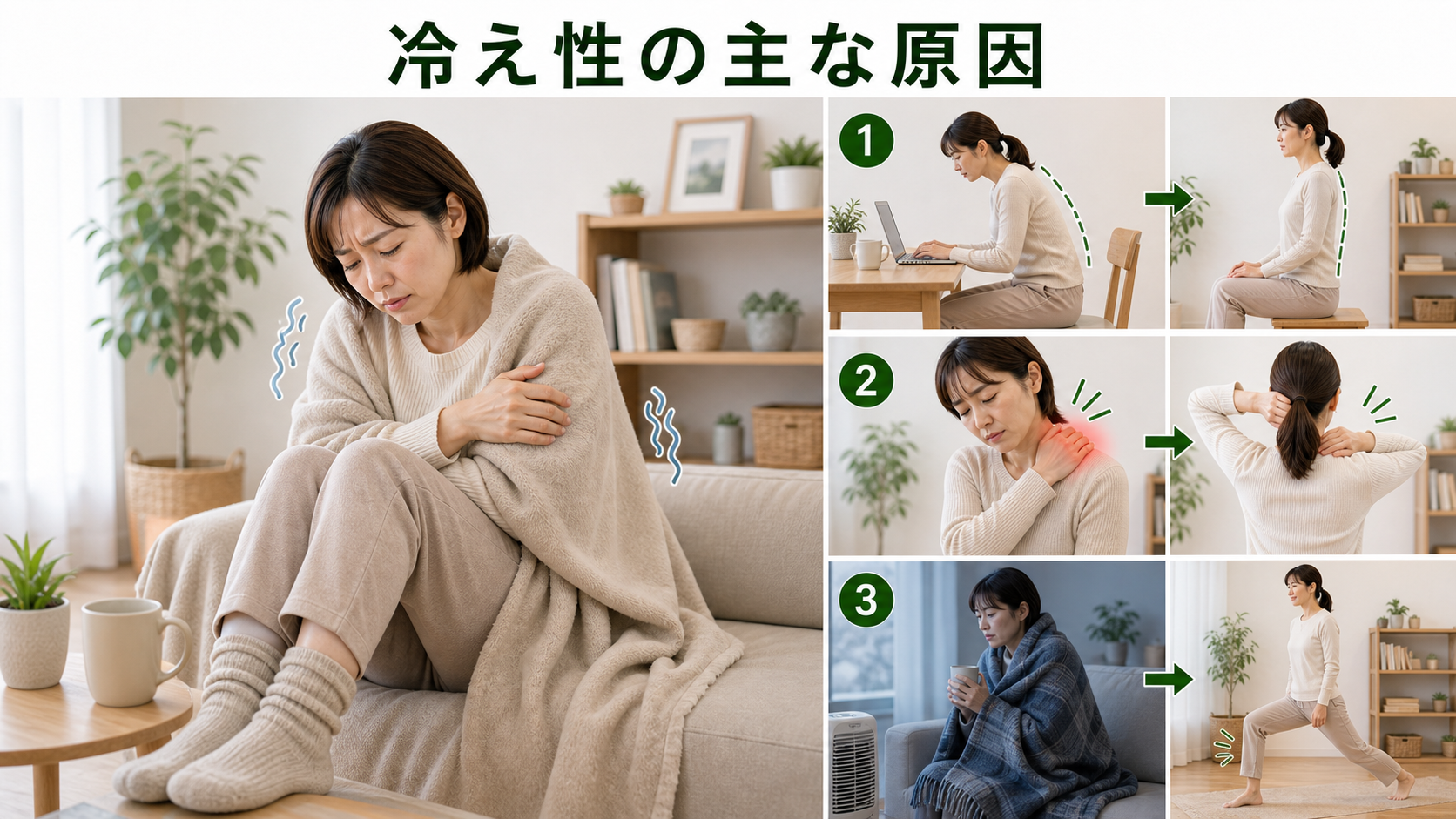 冷え性の主な原因を姿勢・関節・筋肉・生活動作のつながりから確認するイメージ画像