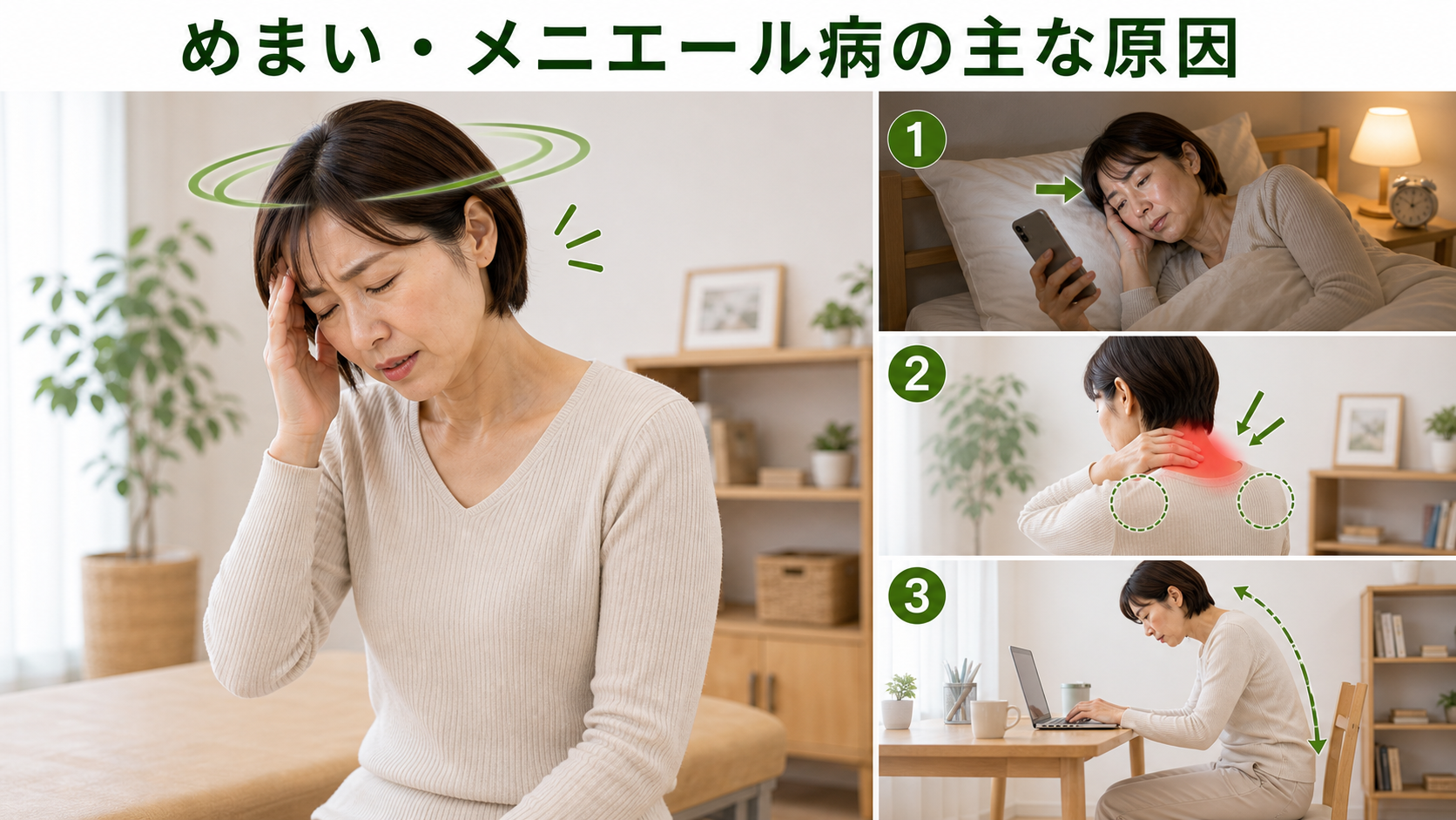 めまい・メニエール病の主な原因を姿勢・関節・筋肉・生活動作のつながりから確認するイメージ画像