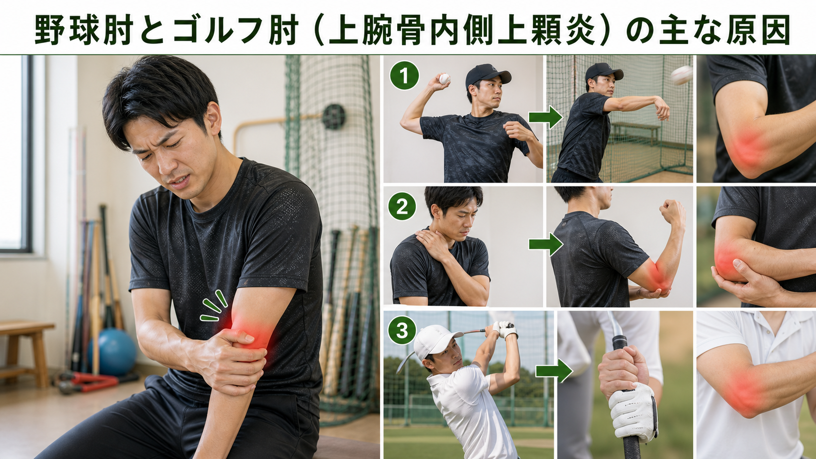 野球肘とゴルフ肘(上腕骨内側上顆炎)の主な原因を姿勢・関節・筋肉・生活動作のつながりから確認するイメージ画像