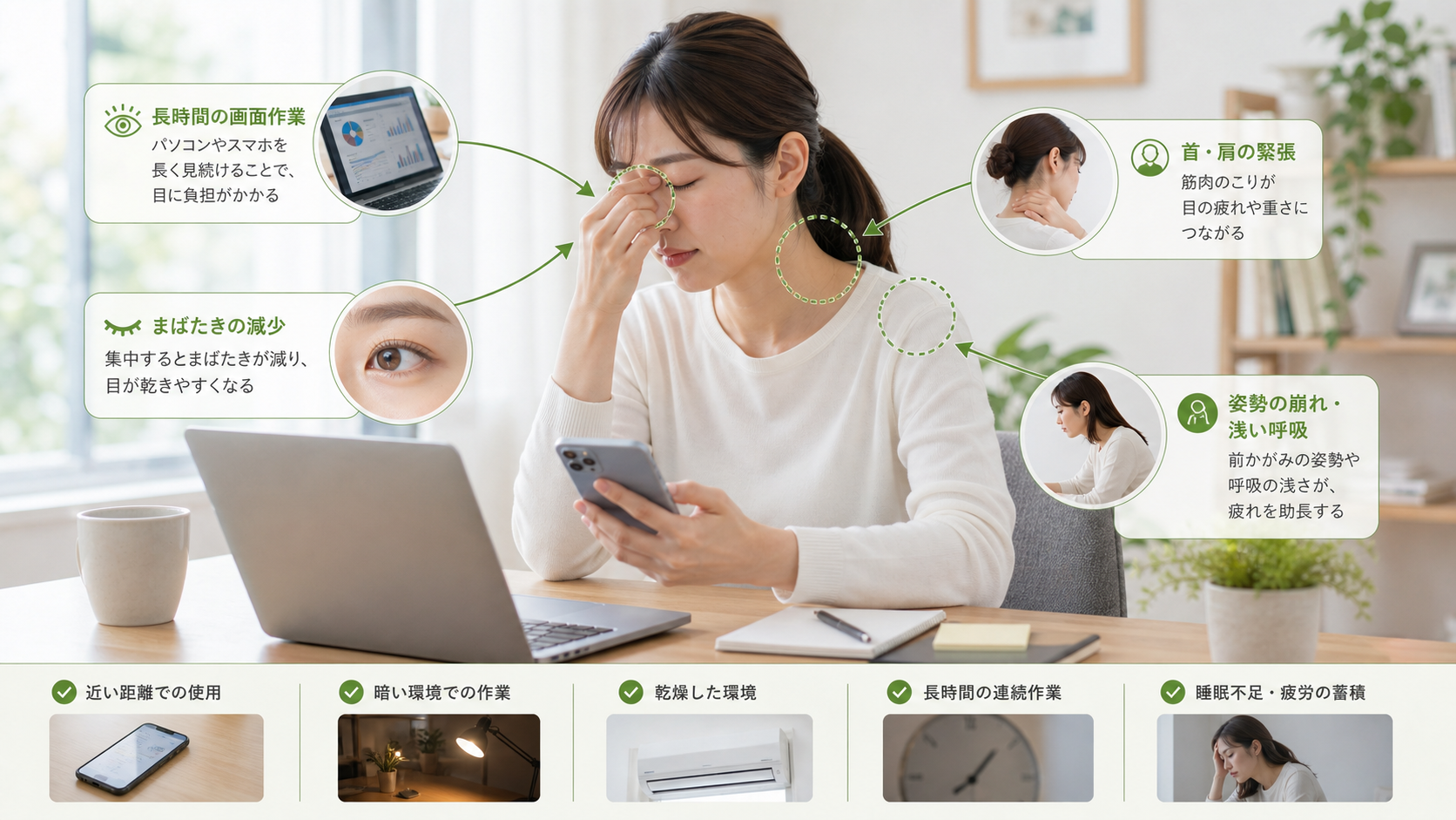 眼精疲労・目の疲れの主な原因を画面作業や首肩の緊張から説明するイメージ画像