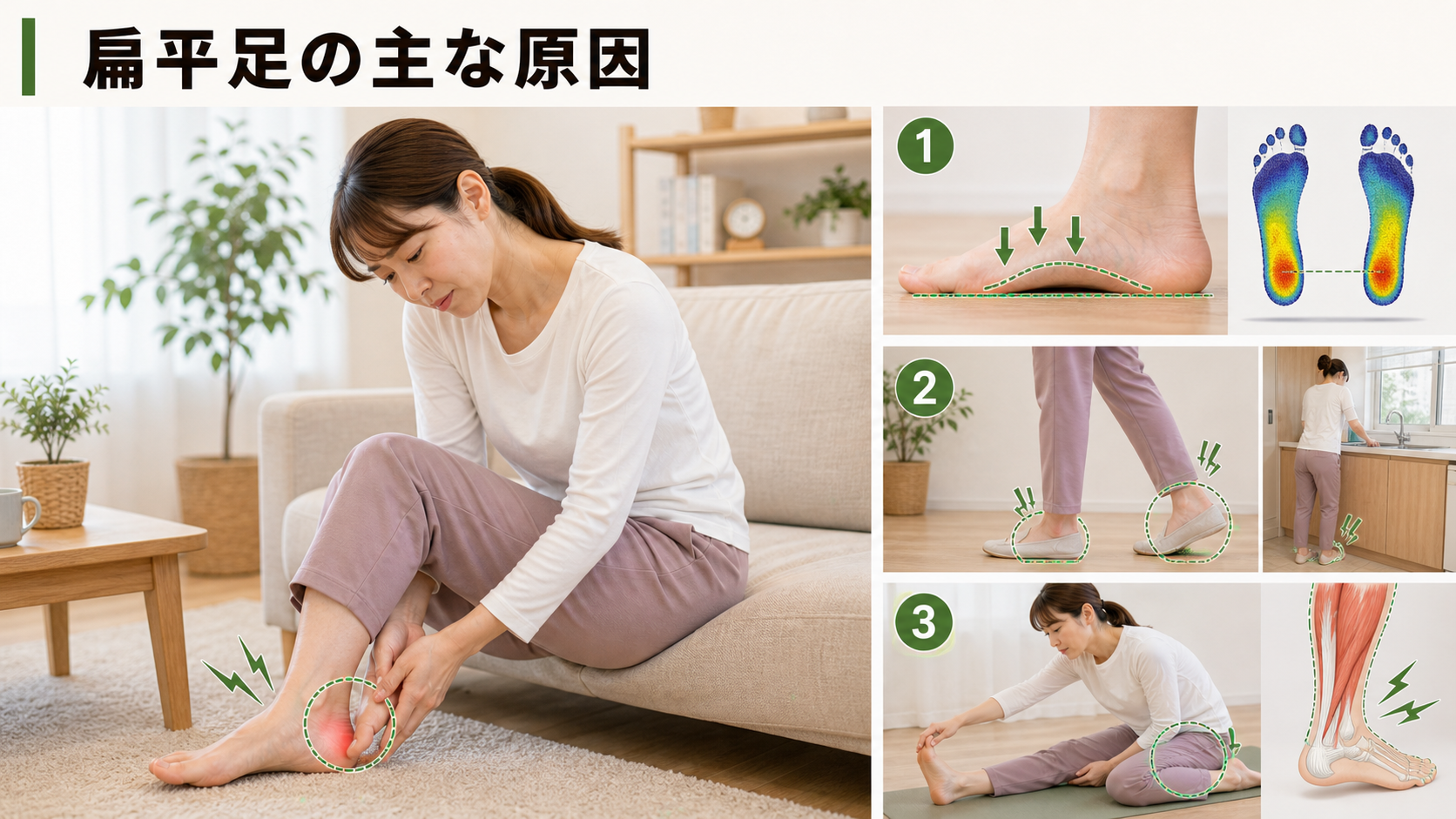 扁平足の主な原因を姿勢・関節・筋肉・生活動作のつながりから確認するイメージ画像