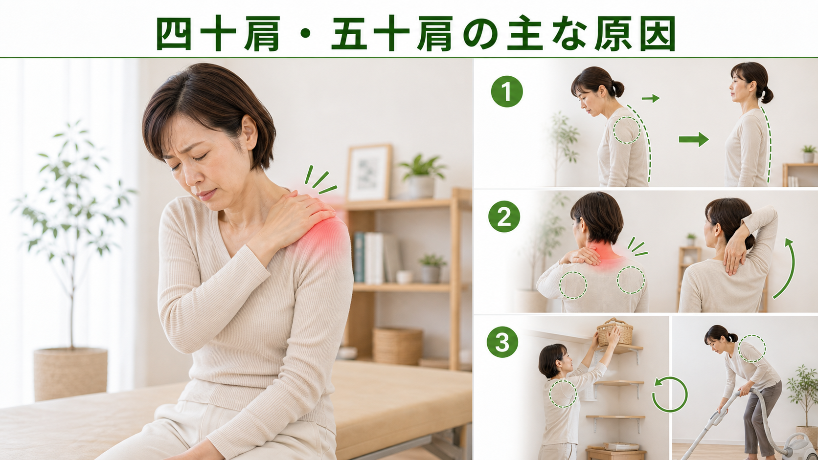 四十肩・五十肩の主な原因を姿勢・関節・筋肉・生活動作のつながりから確認するイメージ画像