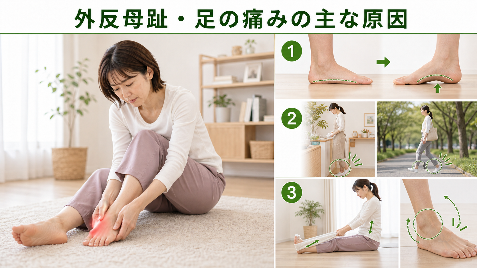 外反母趾・足の痛みの主な原因を姿勢・関節・筋肉・生活動作のつながりから確認するイメージ画像
