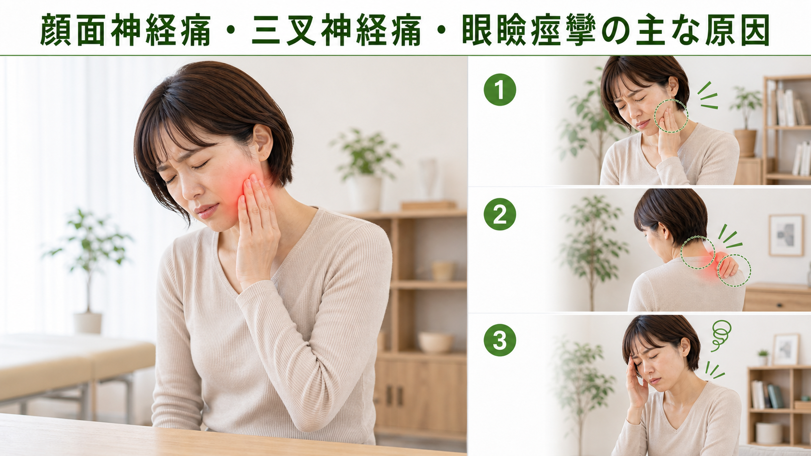 顔面神経痛・三叉神経痛・眼瞼痙攣の主な原因を姿勢・関節・筋肉・生活動作のつながりから確認するイメージ画像