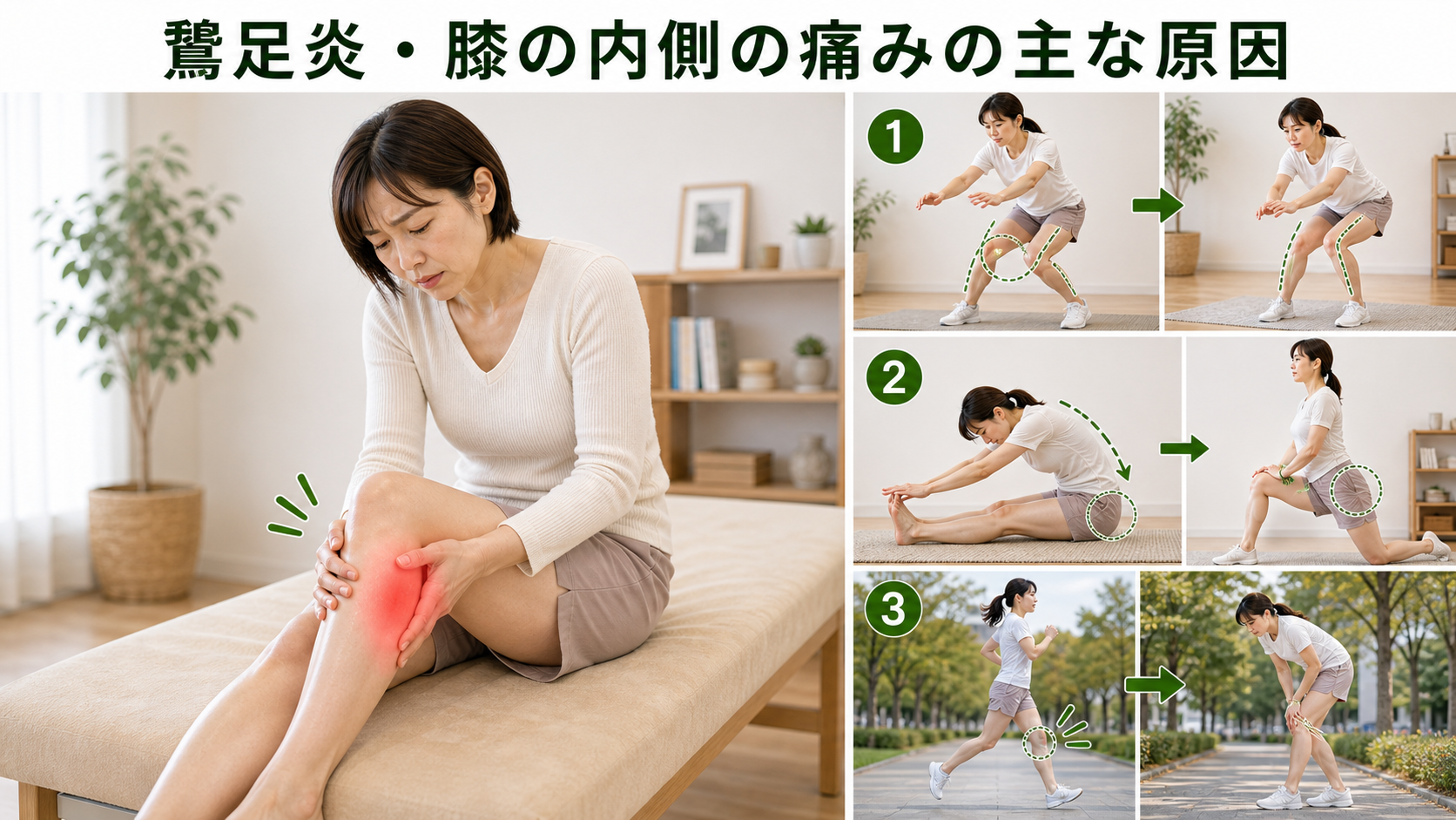 鵞足炎・膝の内側の痛みの主な原因を姿勢・関節・筋肉・生活動作のつながりから確認するイメージ画像