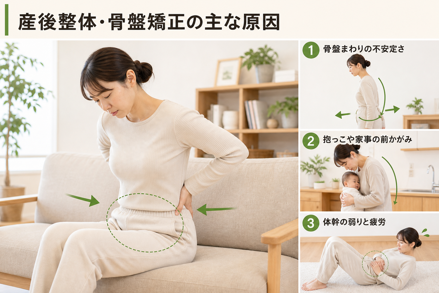 産後整体・骨盤矯正の主な原因を姿勢・関節・筋肉・生活動作のつながりから確認するイメージ画像