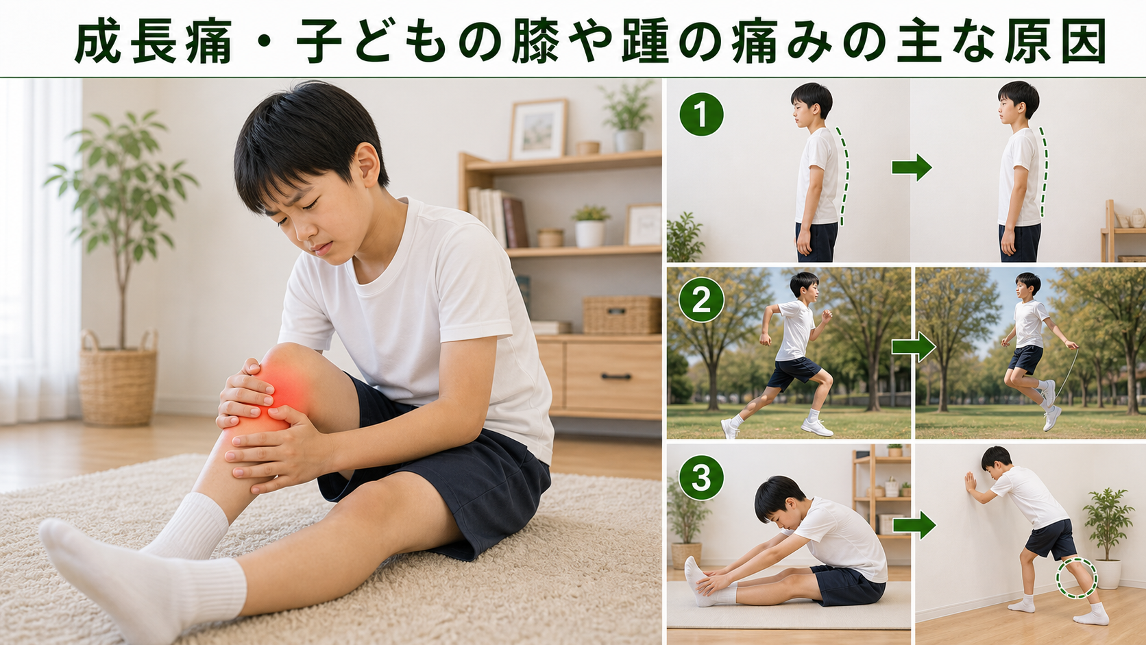 成長痛・子どもの膝や踵の痛みの主な原因を姿勢・関節・筋肉・生活動作のつながりから確認するイメージ画像