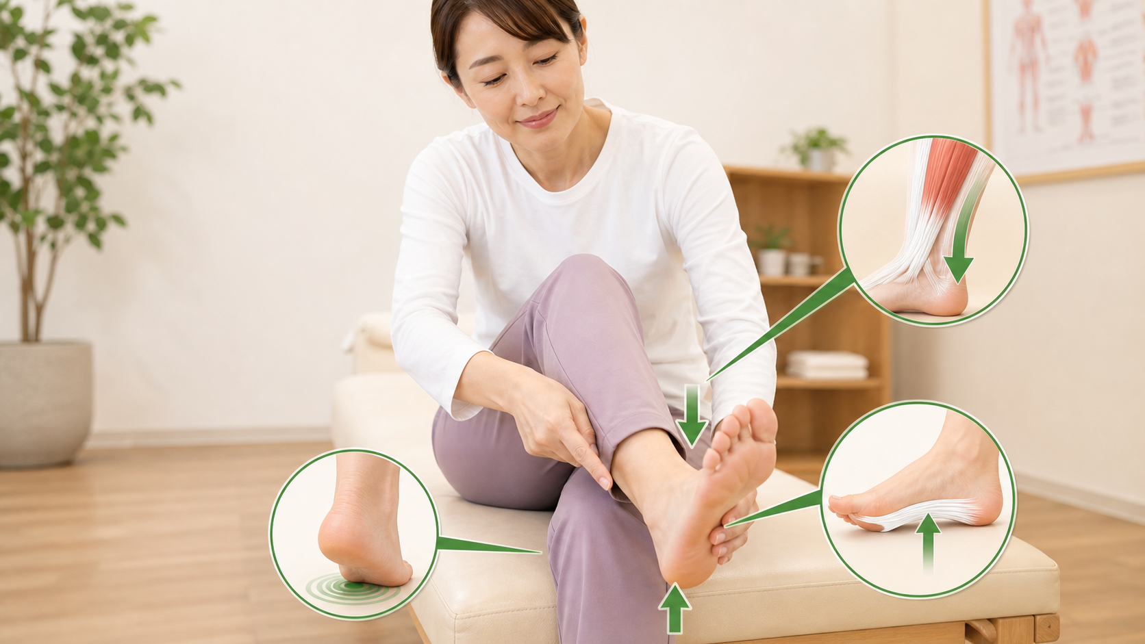 かかとの痛みの主な原因を足底腱膜やアキレス腱の負担から説明するイメージ画像