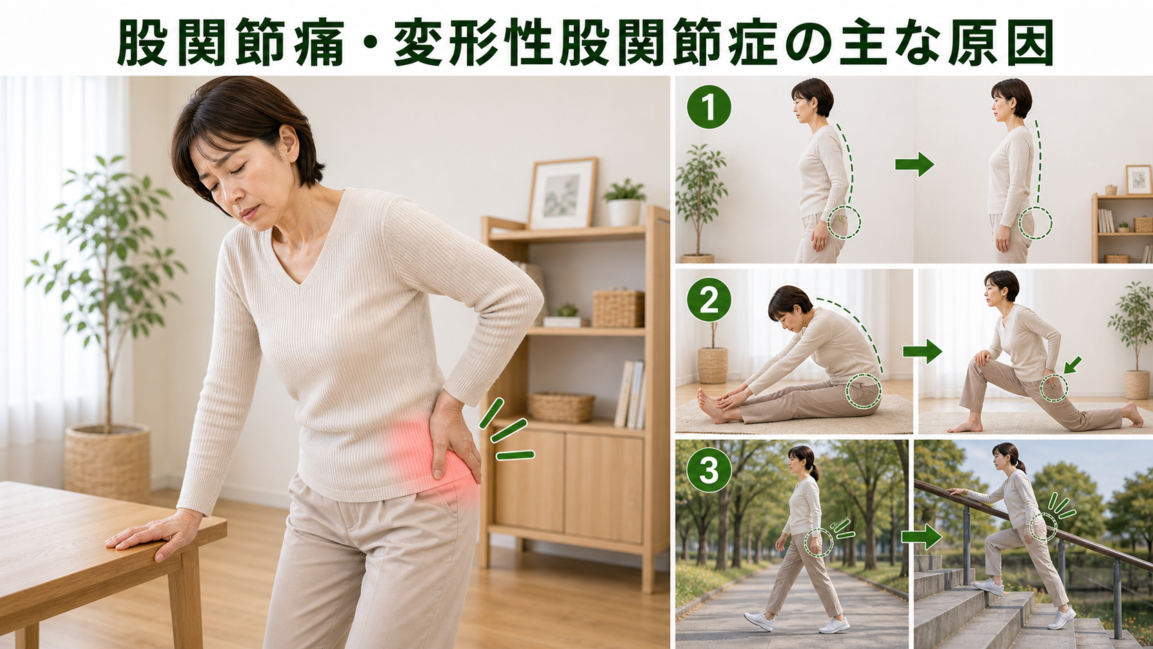 股関節痛・変形性股関節症の主な原因を股関節と骨盤から説明するイメージ画像