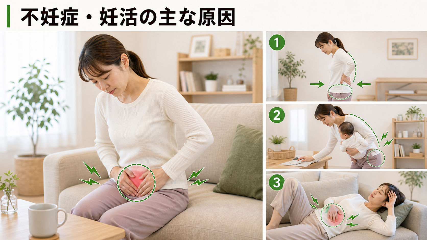 不妊症・妊活の主な原因を姿勢・関節・筋肉・生活動作のつながりから確認するイメージ画像
