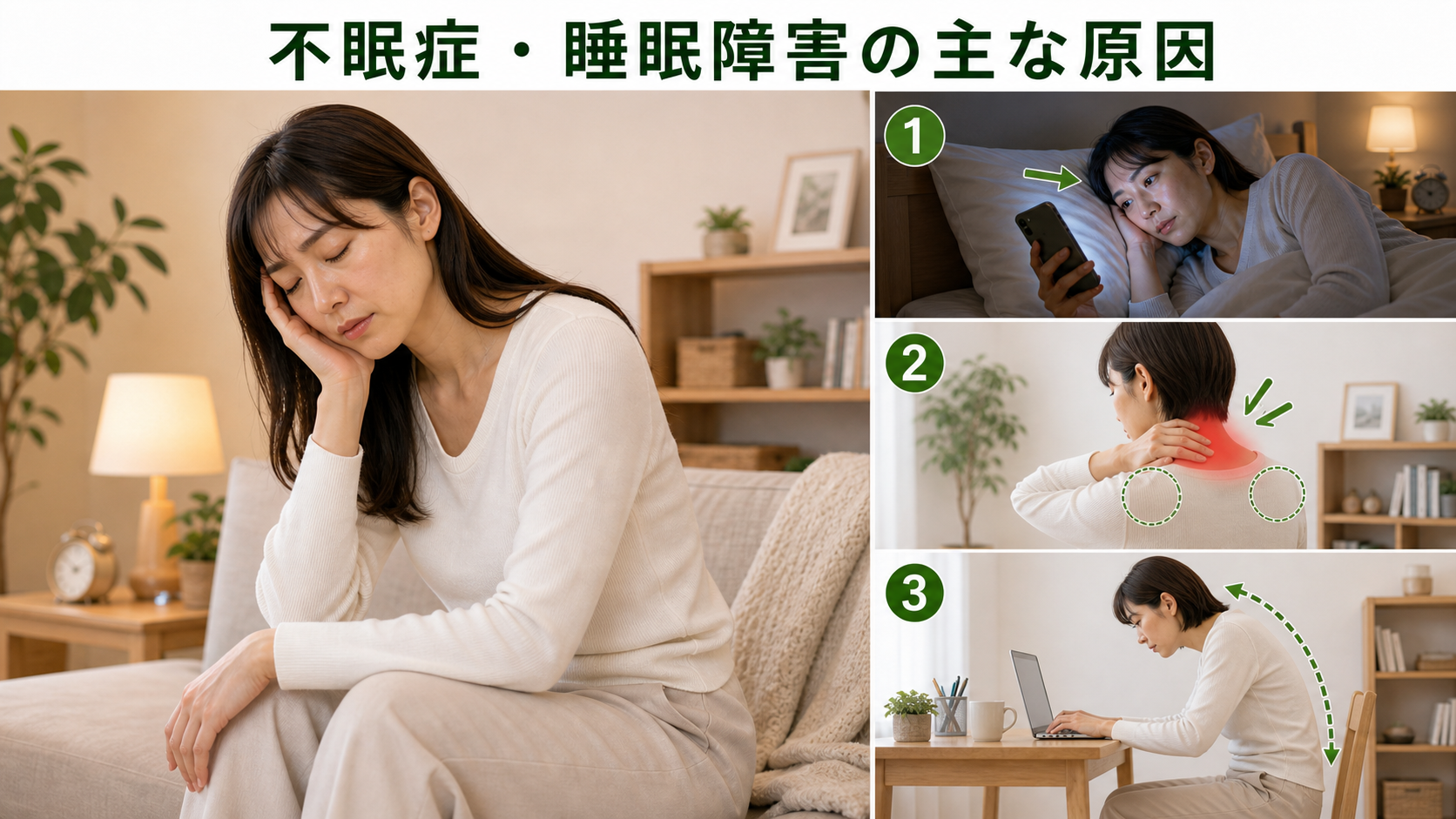 不眠症・睡眠障害の主な原因を姿勢・関節・筋肉・生活動作のつながりから確認するイメージ画像