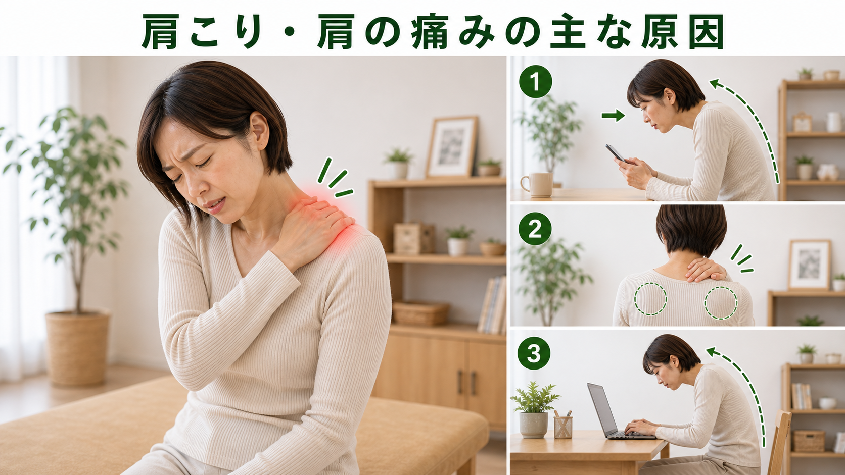 肩こり・肩の痛みの主な原因を姿勢・関節・筋肉・生活動作のつながりから確認するイメージ画像