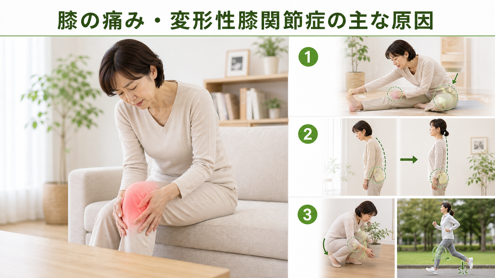 膝の痛み・変形性膝関節症の主な原因を姿勢・関節・筋肉・生活動作のつながりから確認するイメージ画像