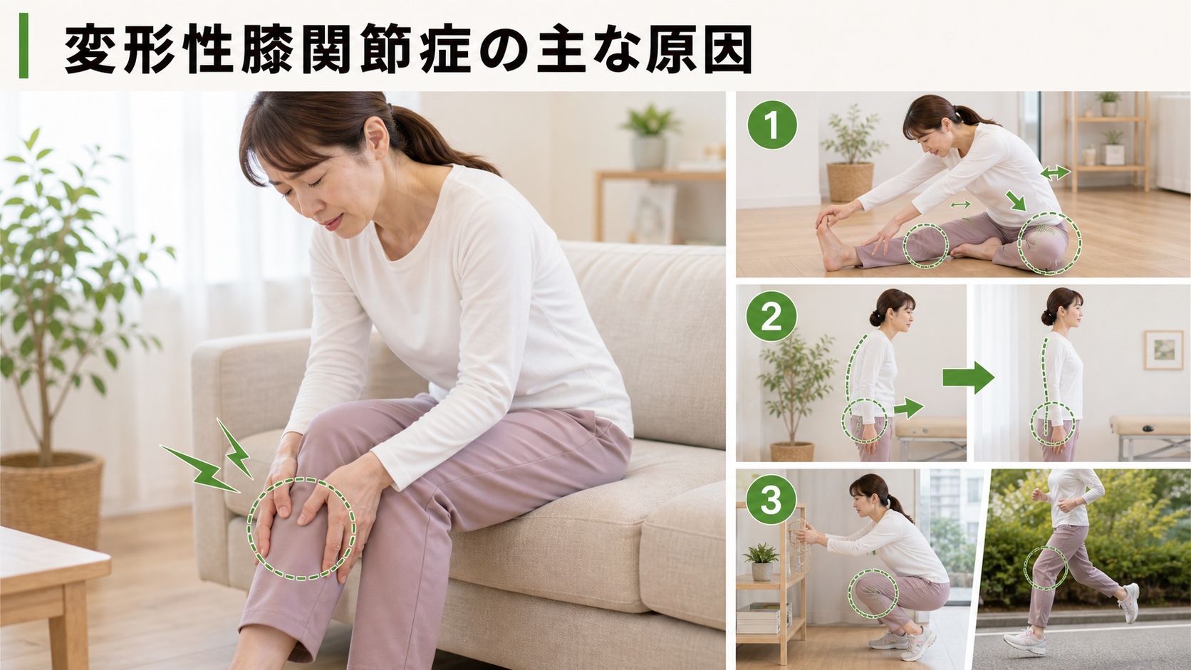 変形性膝関節症の主な原因を姿勢・関節・筋肉・生活動作のつながりから確認するイメージ画像
