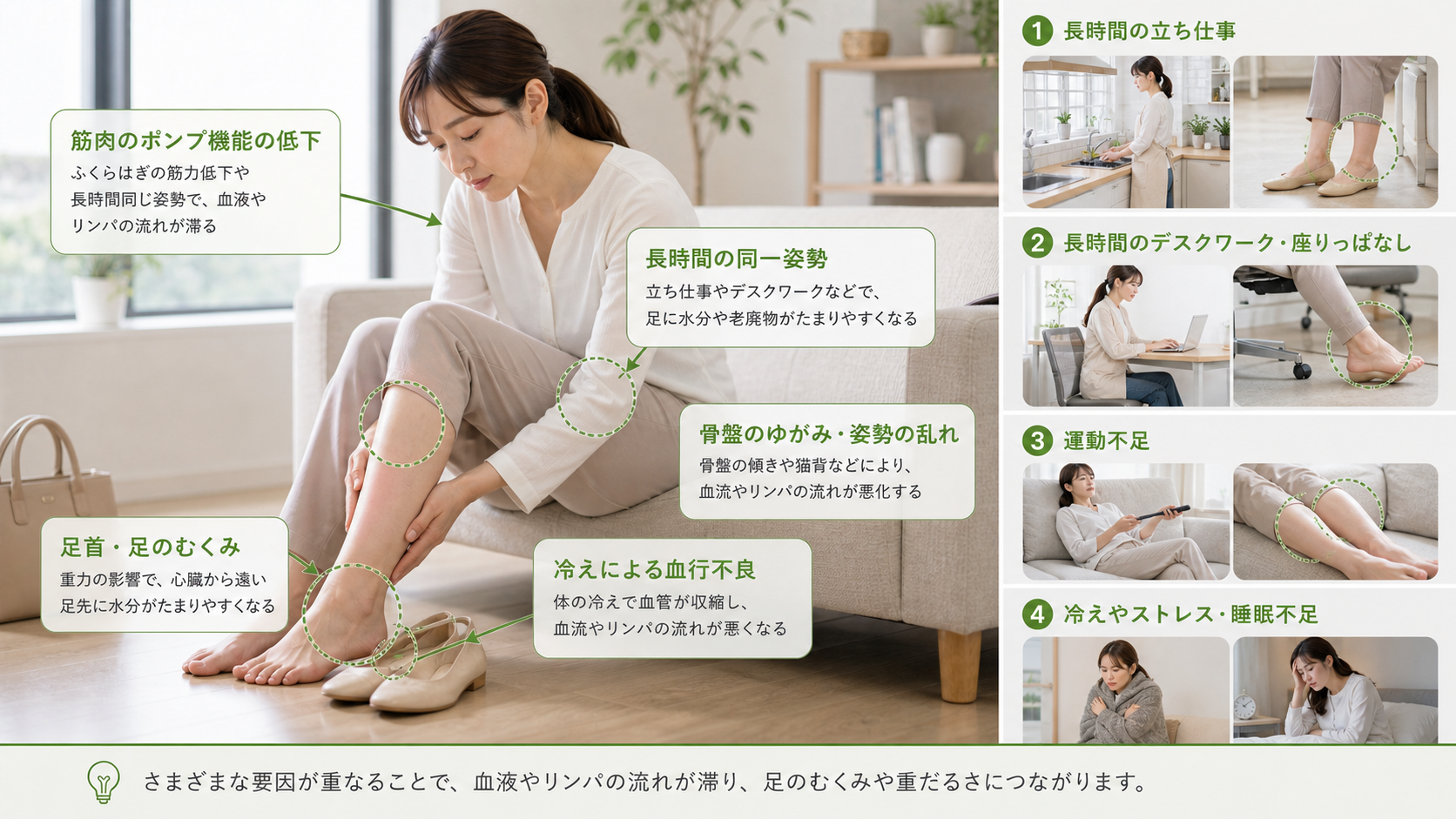 足のむくみ・浮腫の主な原因を筋ポンプ低下や冷えから説明するイメージ画像