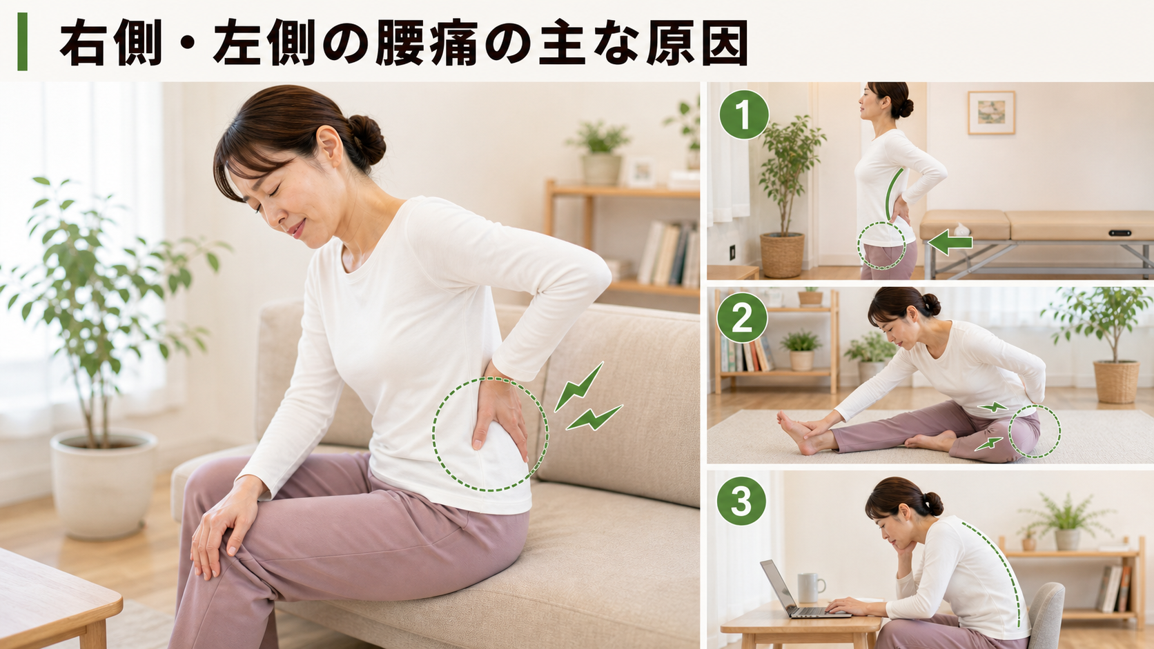 右側・左側の腰痛の主な原因を姿勢・関節・筋肉・生活動作のつながりから確認するイメージ画像