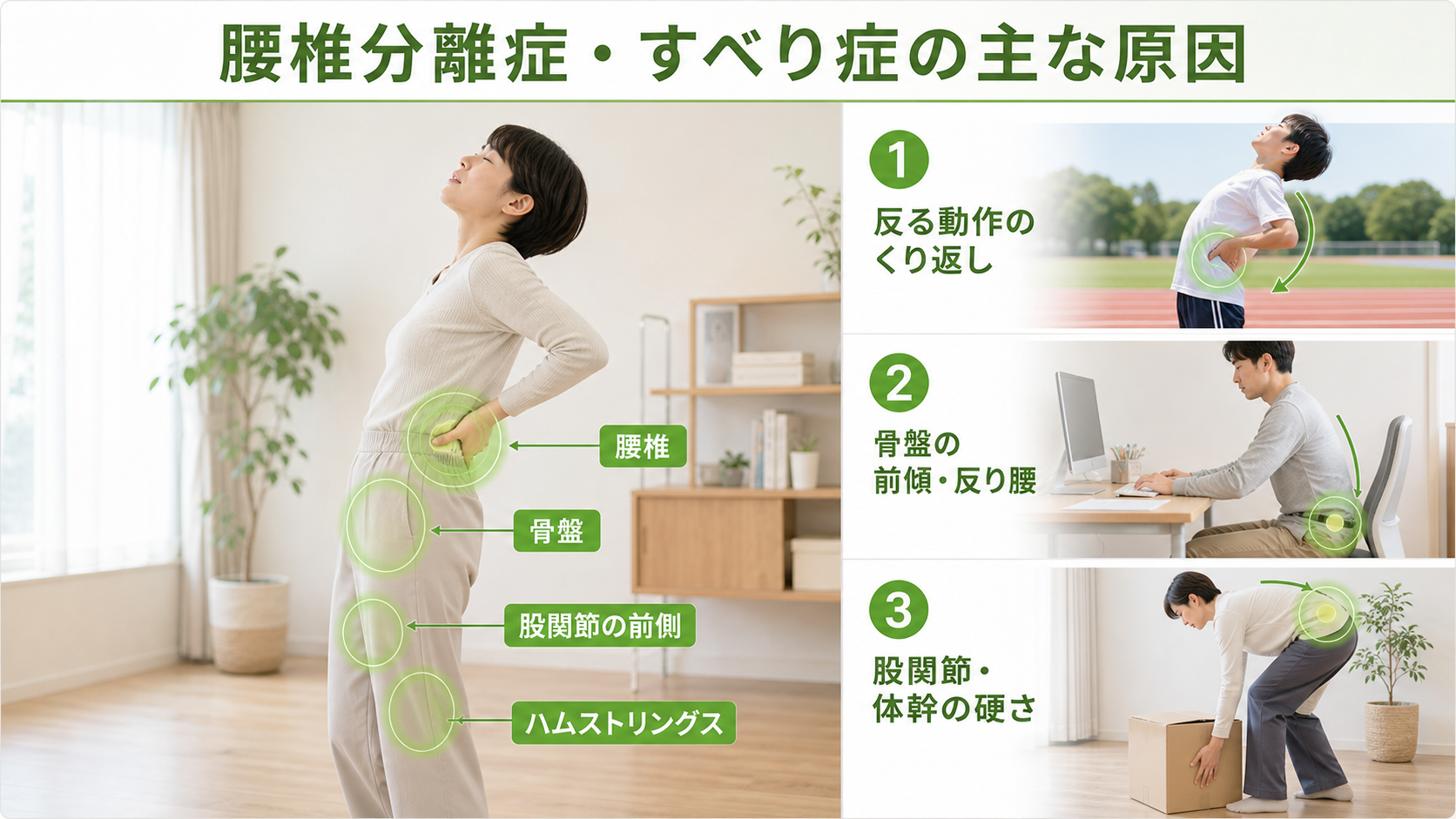 腰椎分離症・すべり症の原因を腰椎、骨盤、股関節、体幹のつながりから確認するイメージ