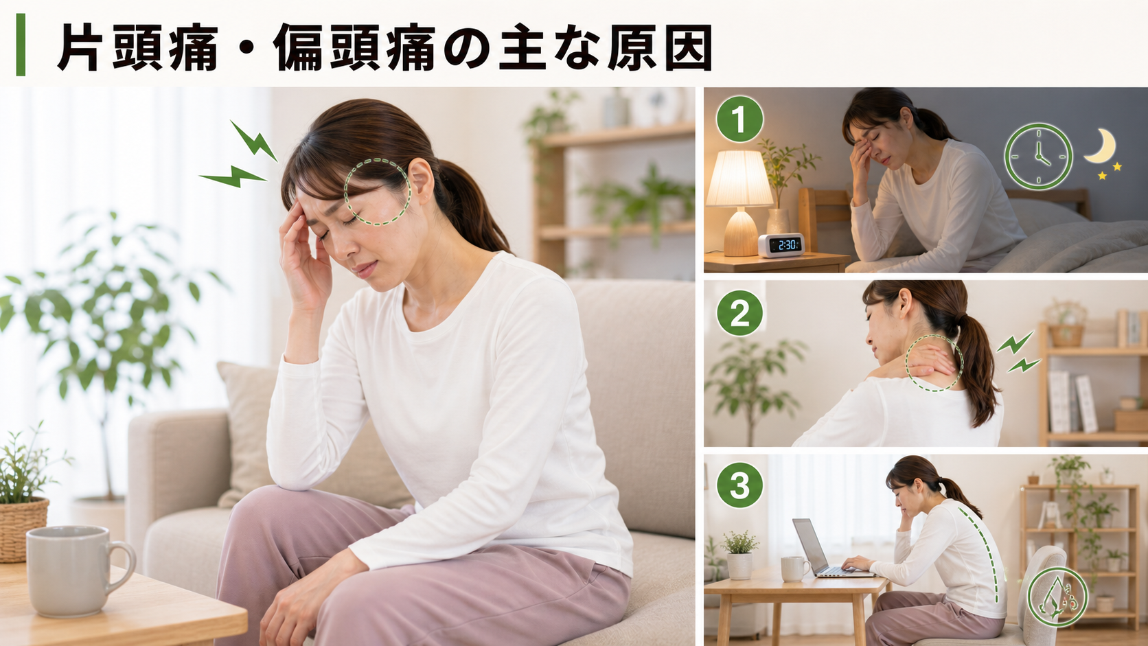 片頭痛・偏頭痛の主な原因を姿勢・関節・筋肉・生活動作のつながりから確認するイメージ画像