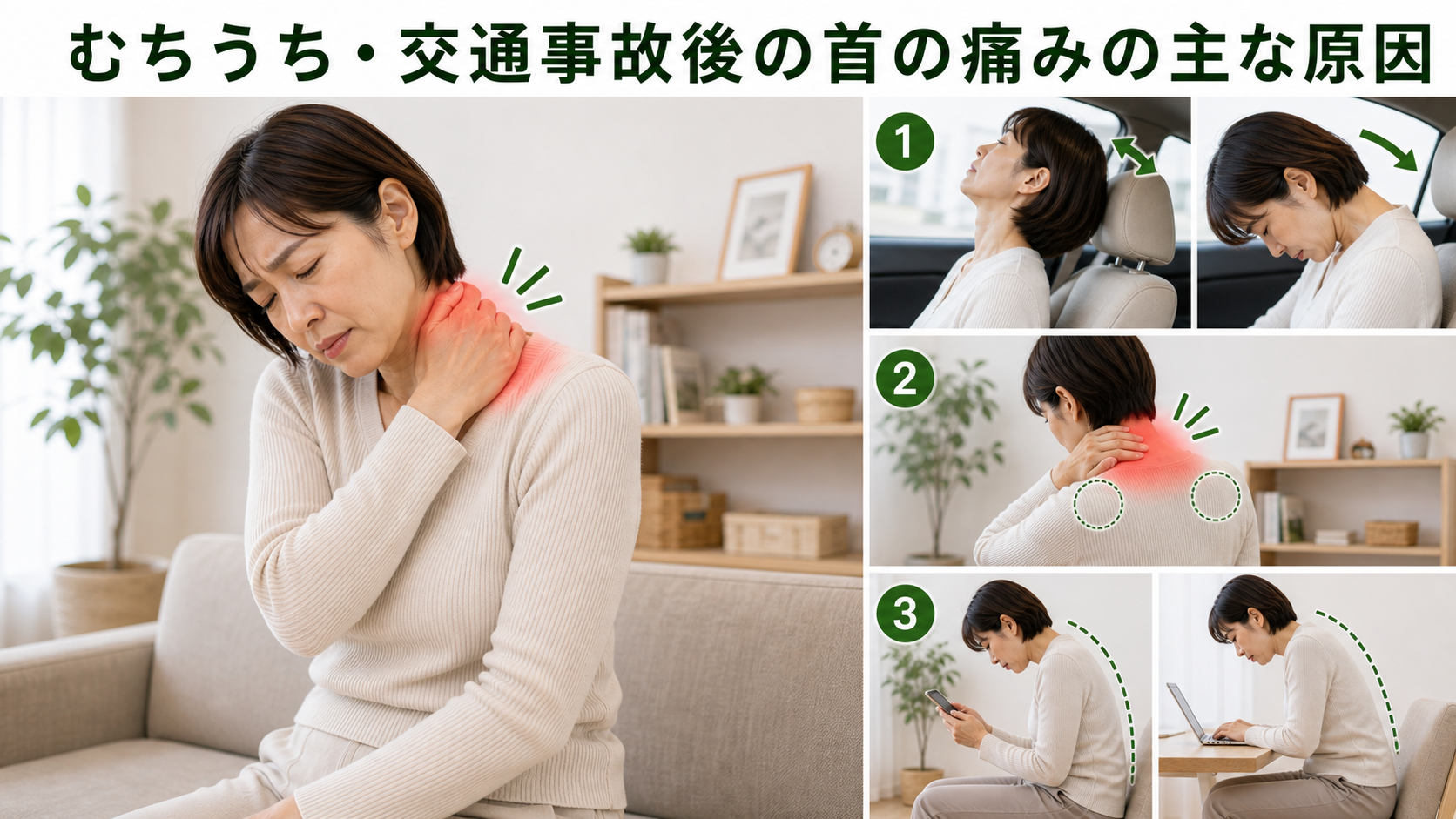 むちうち・交通事故後の首の痛みの主な原因を姿勢・関節・筋肉・生活動作のつながりから確認するイメージ画像