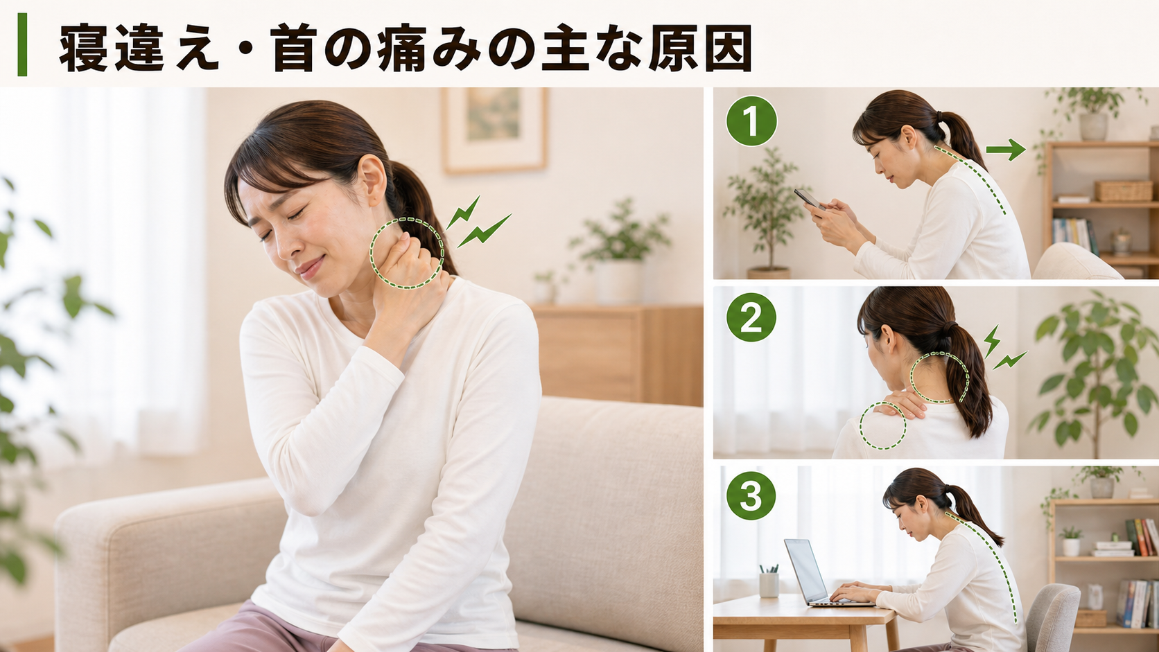 寝違え・首の痛みの主な原因を姿勢・関節・筋肉・生活動作のつながりから確認するイメージ画像