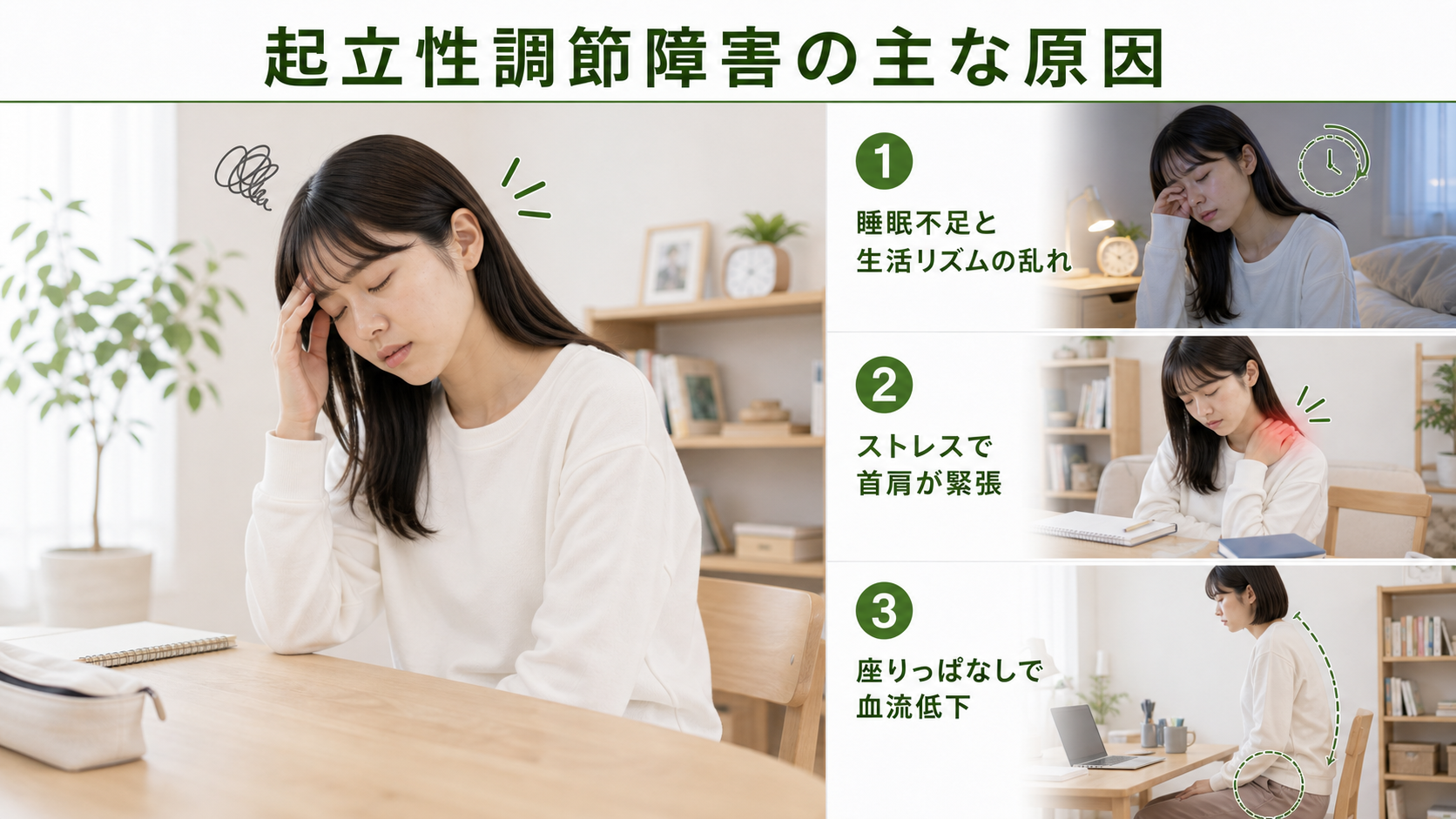 起立性調節障害の主な原因を姿勢・関節・筋肉・生活動作のつながりから確認するイメージ画像