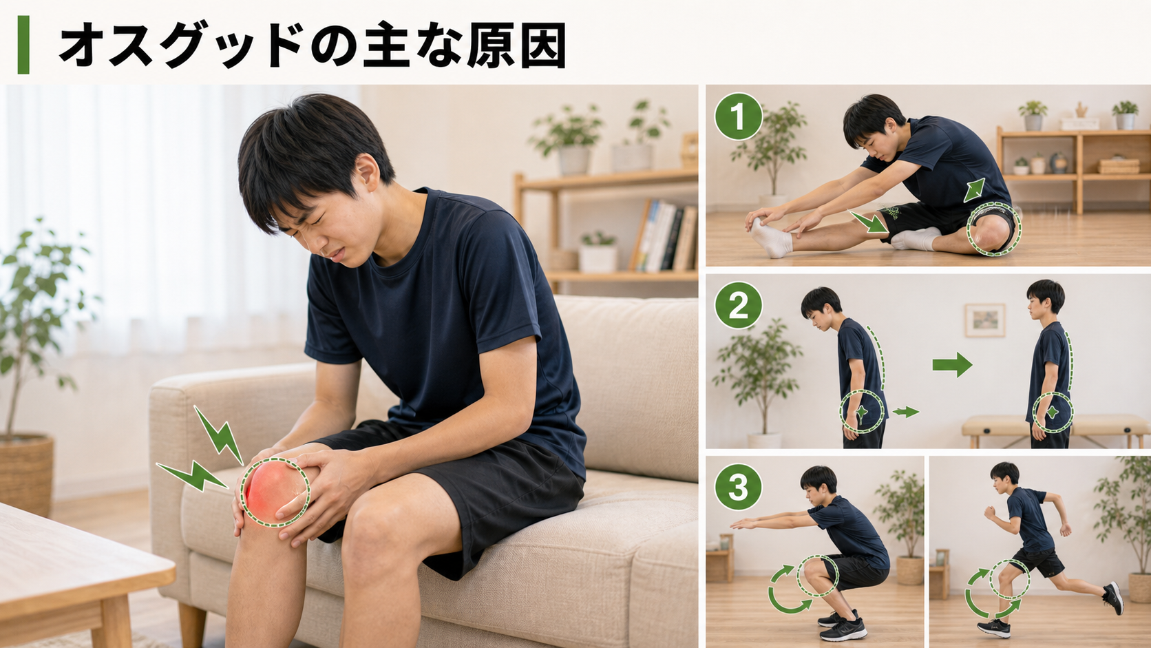 オスグッドの主な原因を姿勢・関節・筋肉・生活動作のつながりから確認するイメージ画像