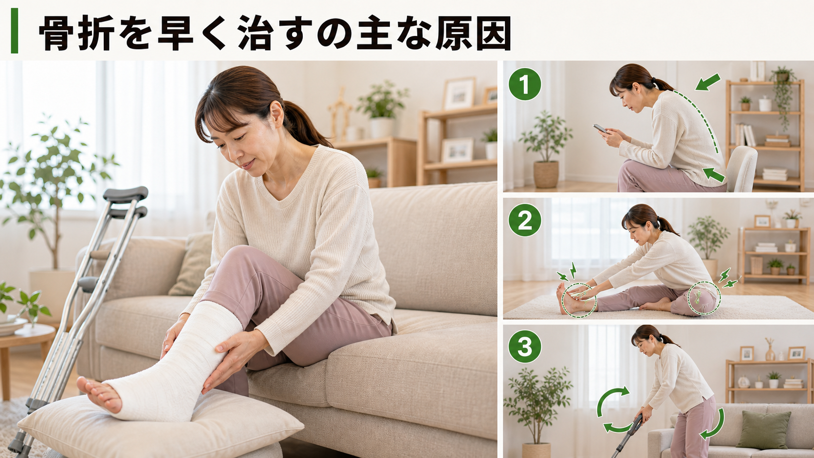 骨折を早く治すの主な原因を姿勢・関節・筋肉・生活動作のつながりから確認するイメージ画像