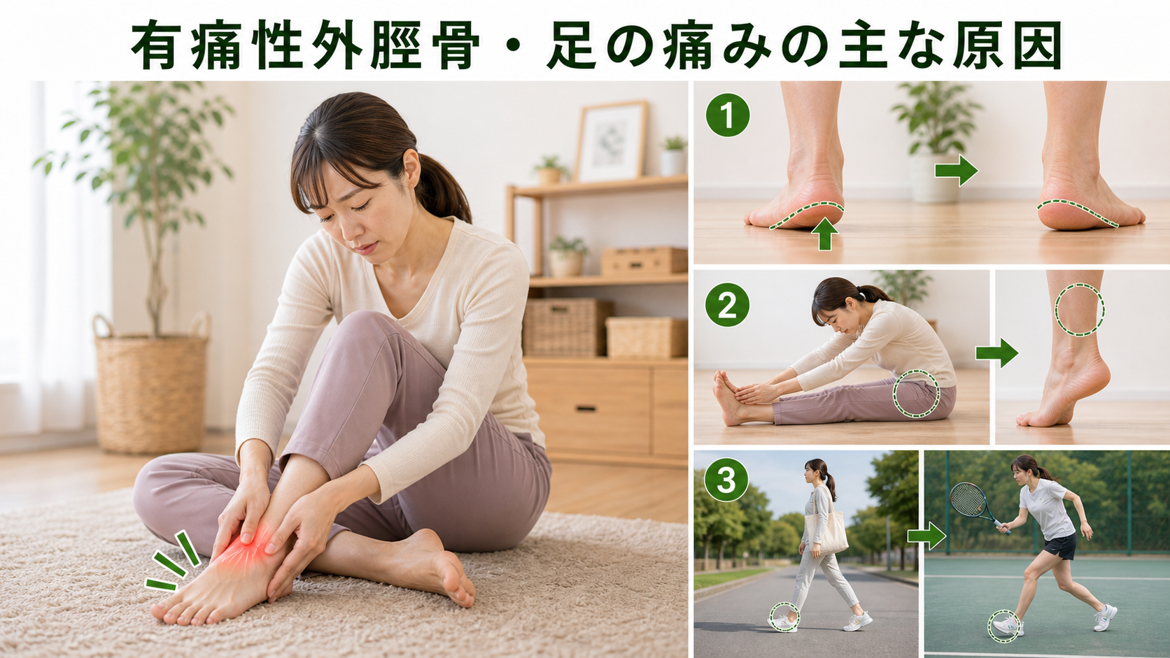 有痛性外脛骨・足の痛みの主な原因を姿勢・関節・筋肉・生活動作のつながりから確認するイメージ画像