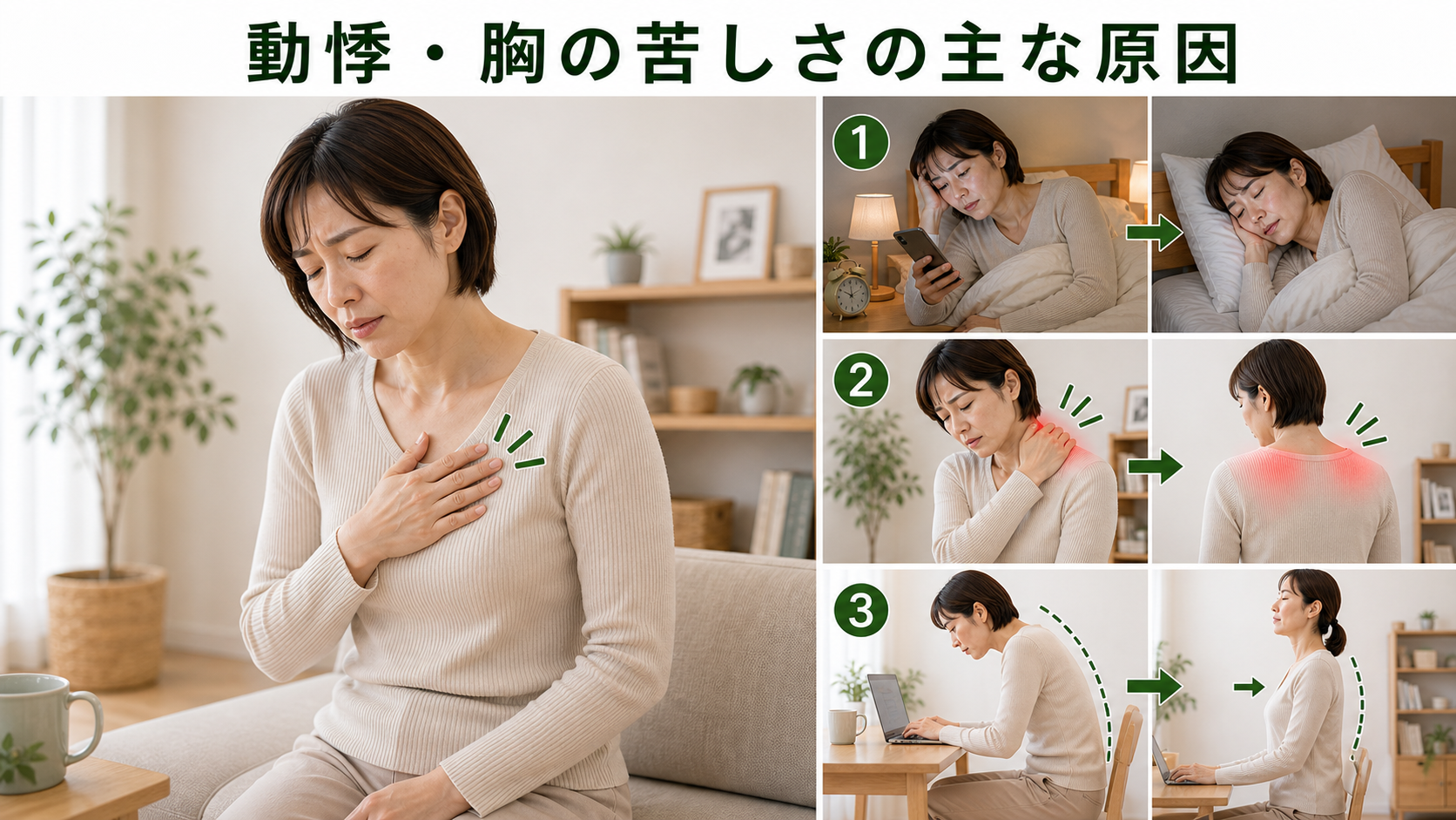 動悸・胸の苦しさの主な原因を姿勢・関節・筋肉・生活動作のつながりから確認するイメージ画像