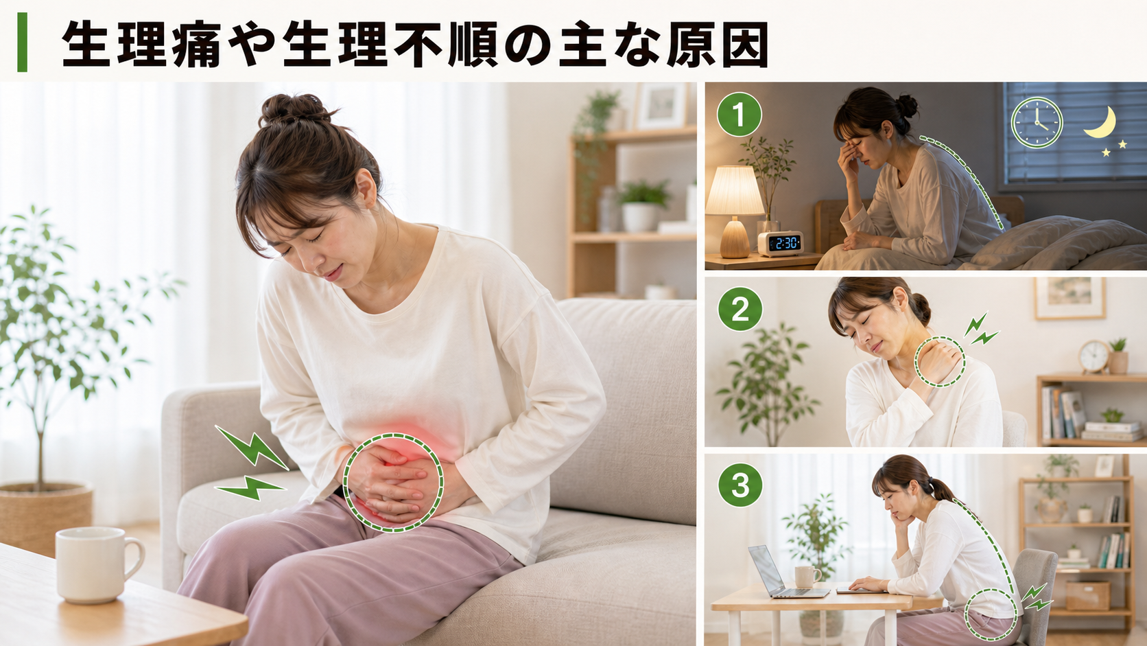 生理痛や生理不順の主な原因を姿勢・関節・筋肉・生活動作のつながりから確認するイメージ画像