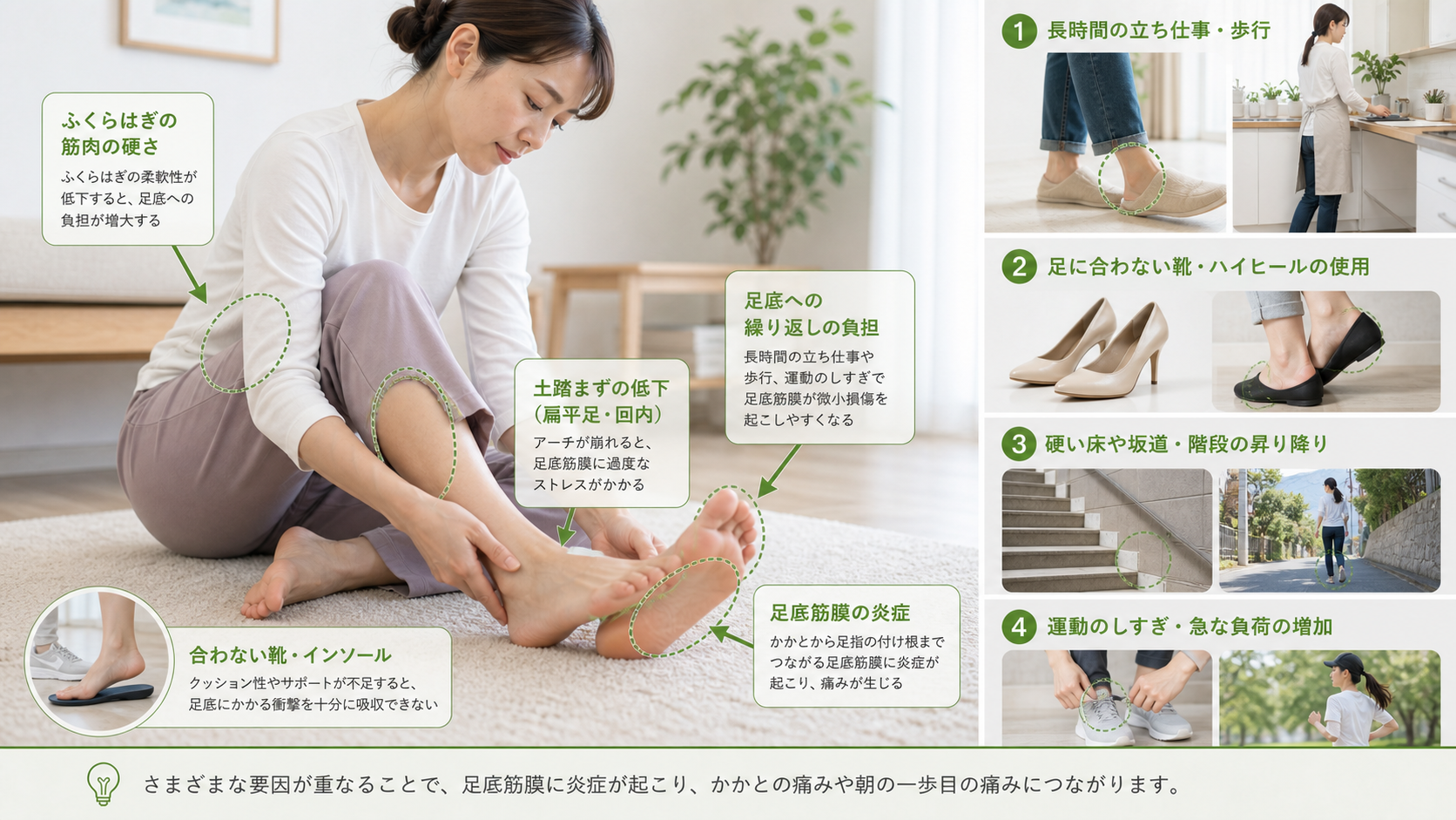 足底筋膜炎・足底腱膜炎の主な原因を足裏アーチやふくらはぎの負担から説明するイメージ画像