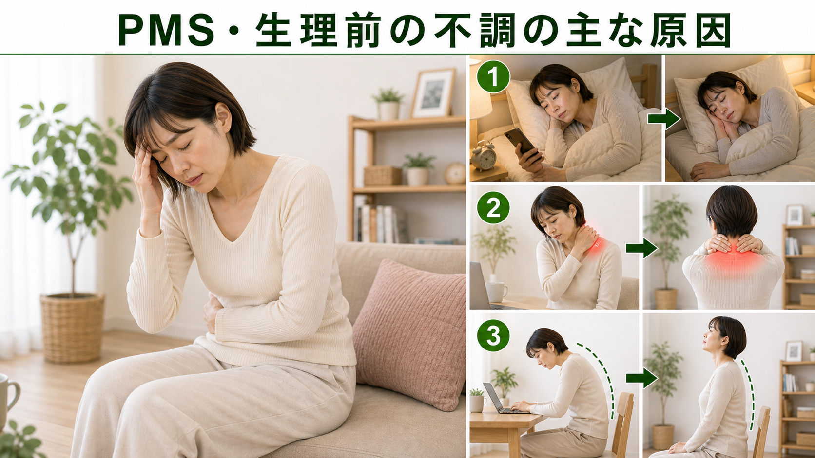 PMS・生理前の不調の主な原因を姿勢・関節・筋肉・生活動作のつながりから確認するイメージ画像