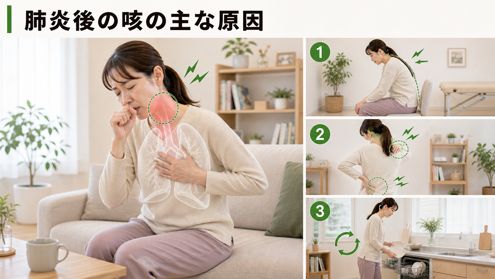 肺炎後の咳の主な原因を姿勢・関節・筋肉・生活動作のつながりから確認するイメージ画像