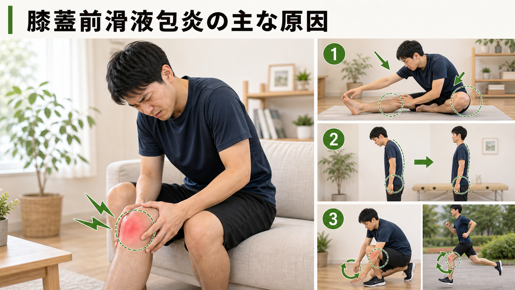 膝蓋前滑液包炎の主な原因を姿勢・関節・筋肉・生活動作のつながりから確認するイメージ画像