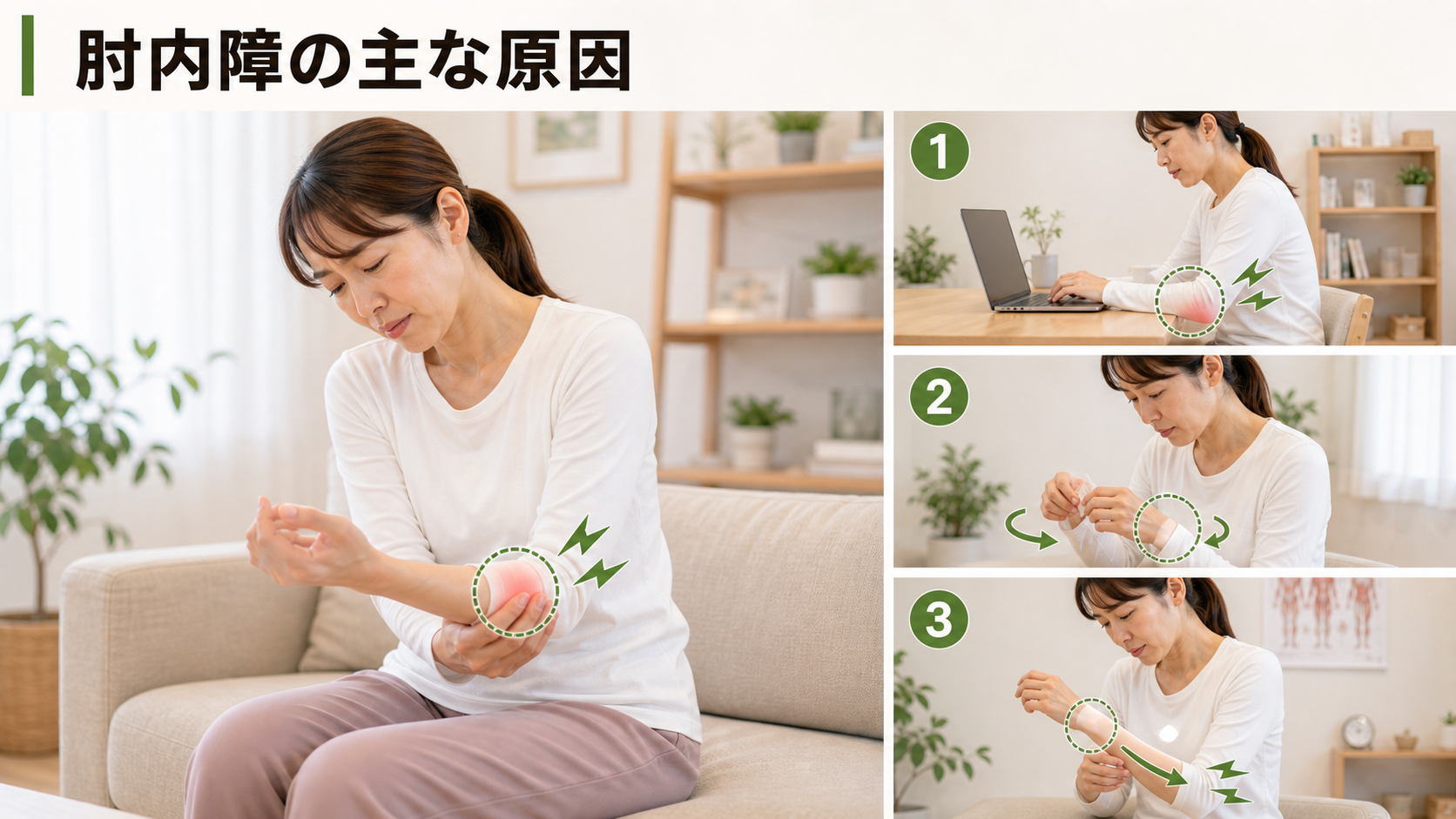 肘内障の主な原因を姿勢・関節・筋肉・生活動作のつながりから確認するイメージ画像