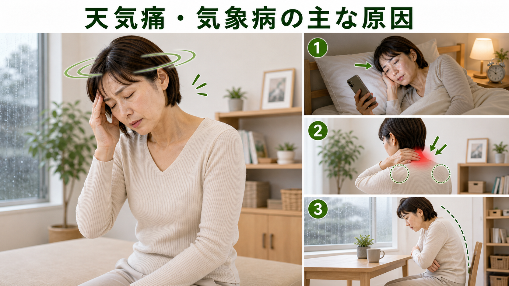 天気痛・気象病の主な原因を姿勢・関節・筋肉・生活動作のつながりから確認するイメージ画像