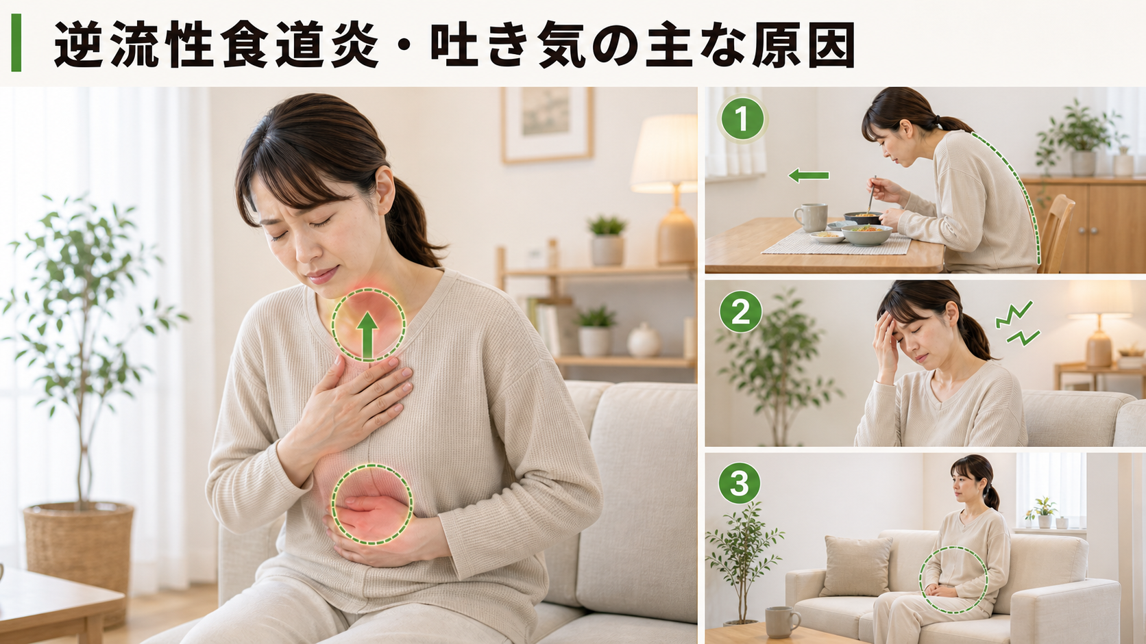 逆流性食道炎・吐き気の主な原因を姿勢・関節・筋肉・生活動作のつながりから確認するイメージ画像