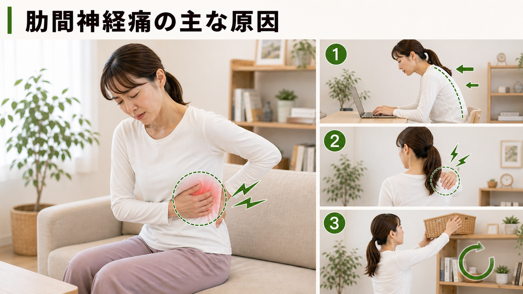 肋間神経痛の主な原因を姿勢・関節・筋肉・生活動作のつながりから確認するイメージ画像