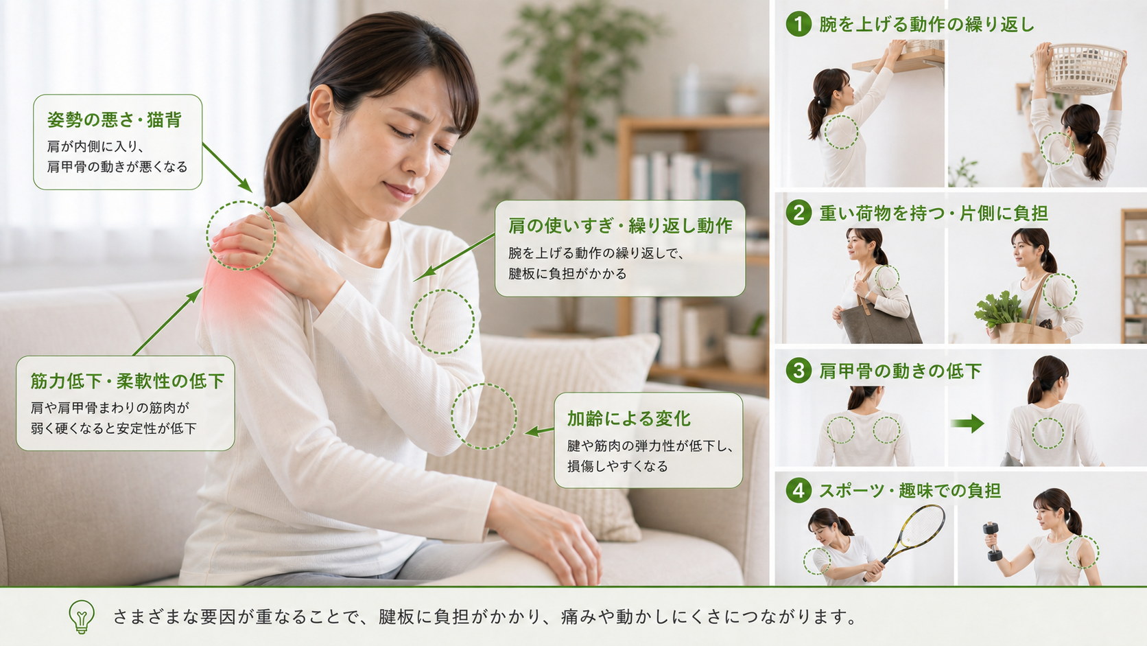腱板損傷・肩の痛みの主な原因を肩甲骨や肩の使いすぎから説明するイメージ画像