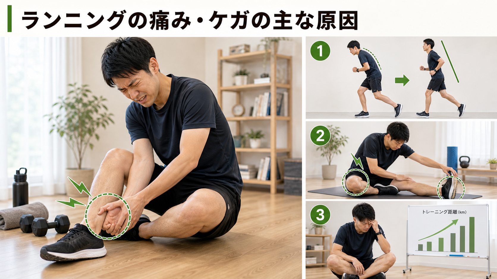 ランニングの痛み・ケガの主な原因を姿勢・関節・筋肉・生活動作のつながりから確認するイメージ画像