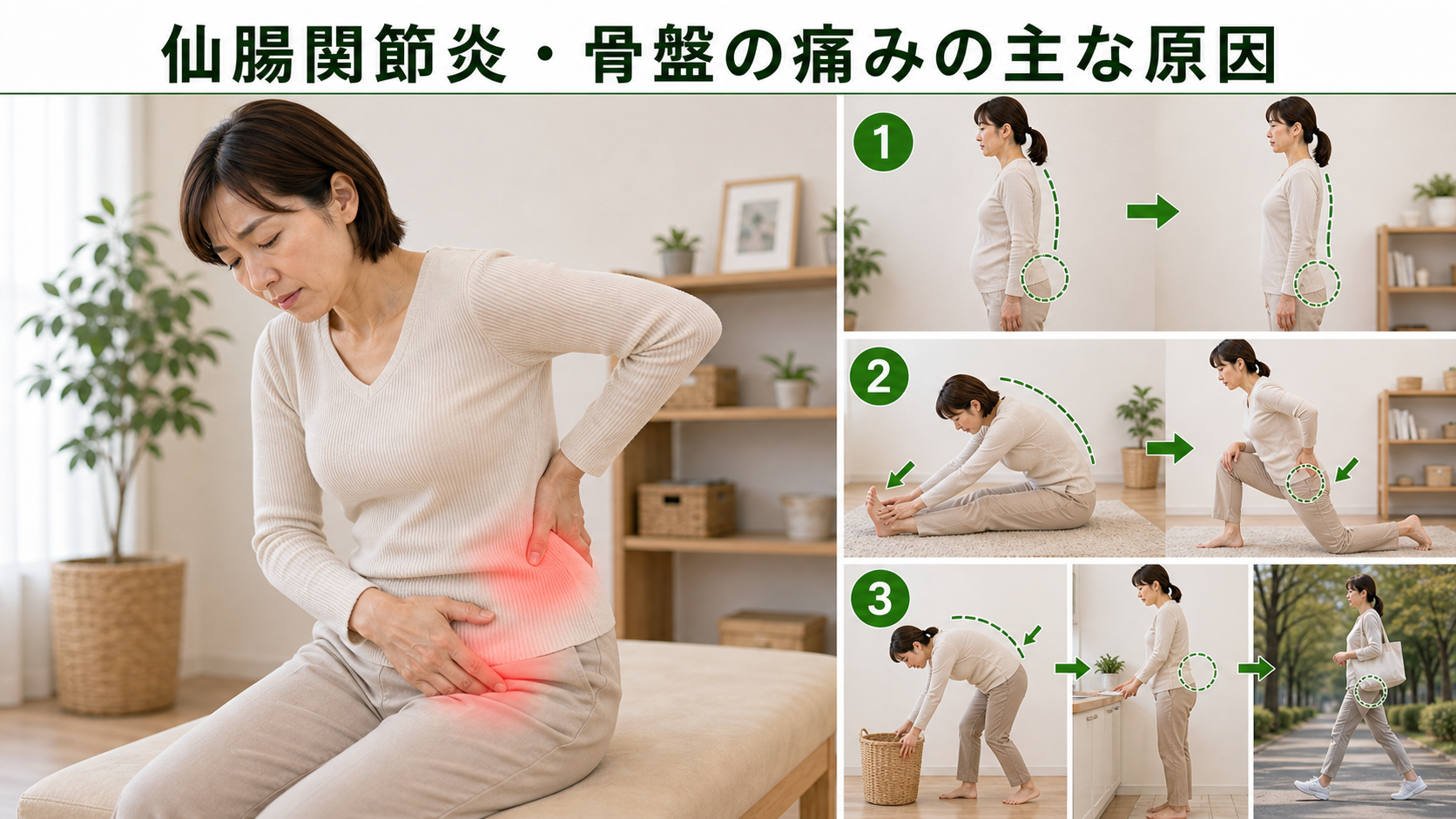 仙腸関節炎・骨盤の痛みの主な原因を姿勢・関節・筋肉・生活動作のつながりから確認するイメージ画像